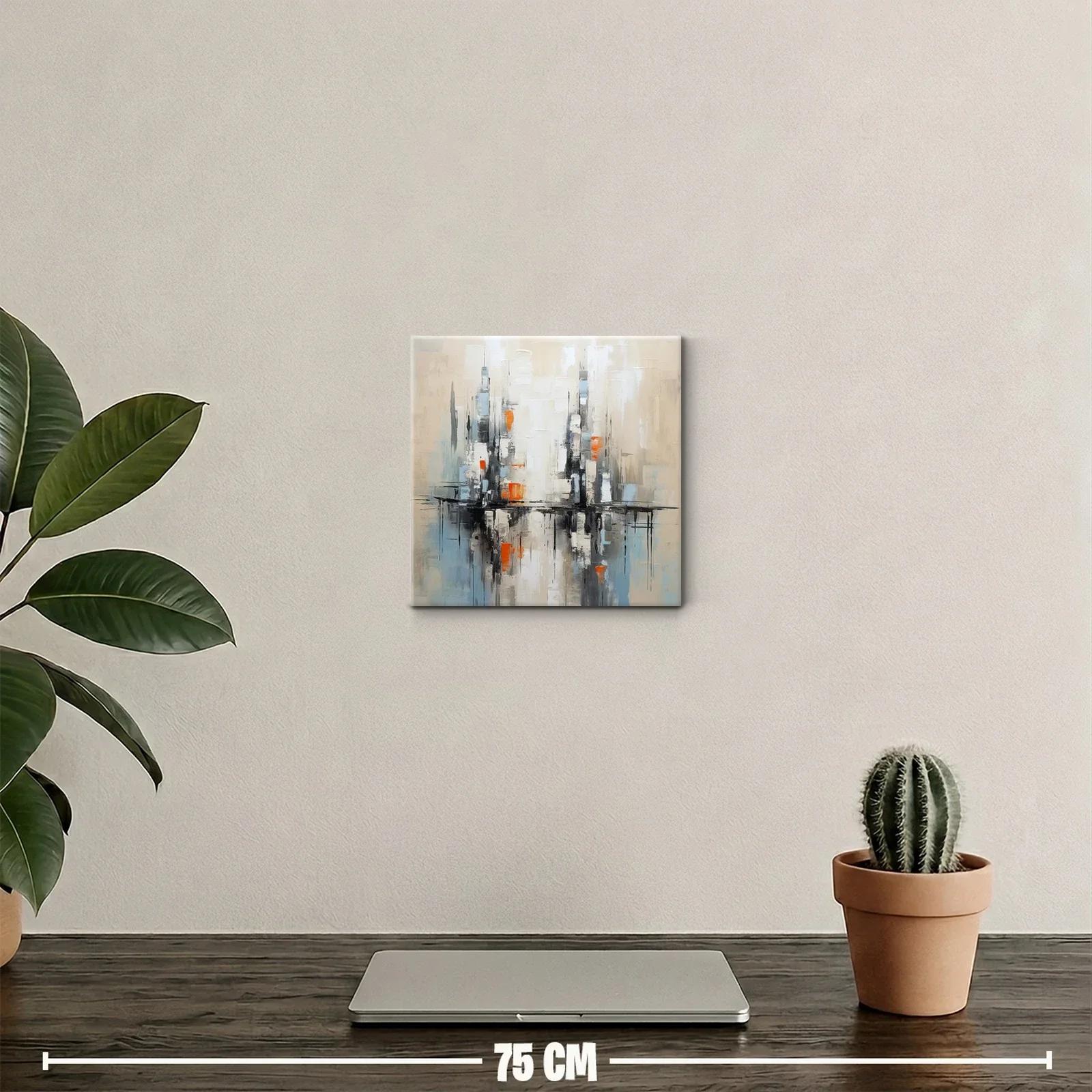 Cuadro abstracto con reflejos urbanos en tonos neutros y naranjas — miniatura 2