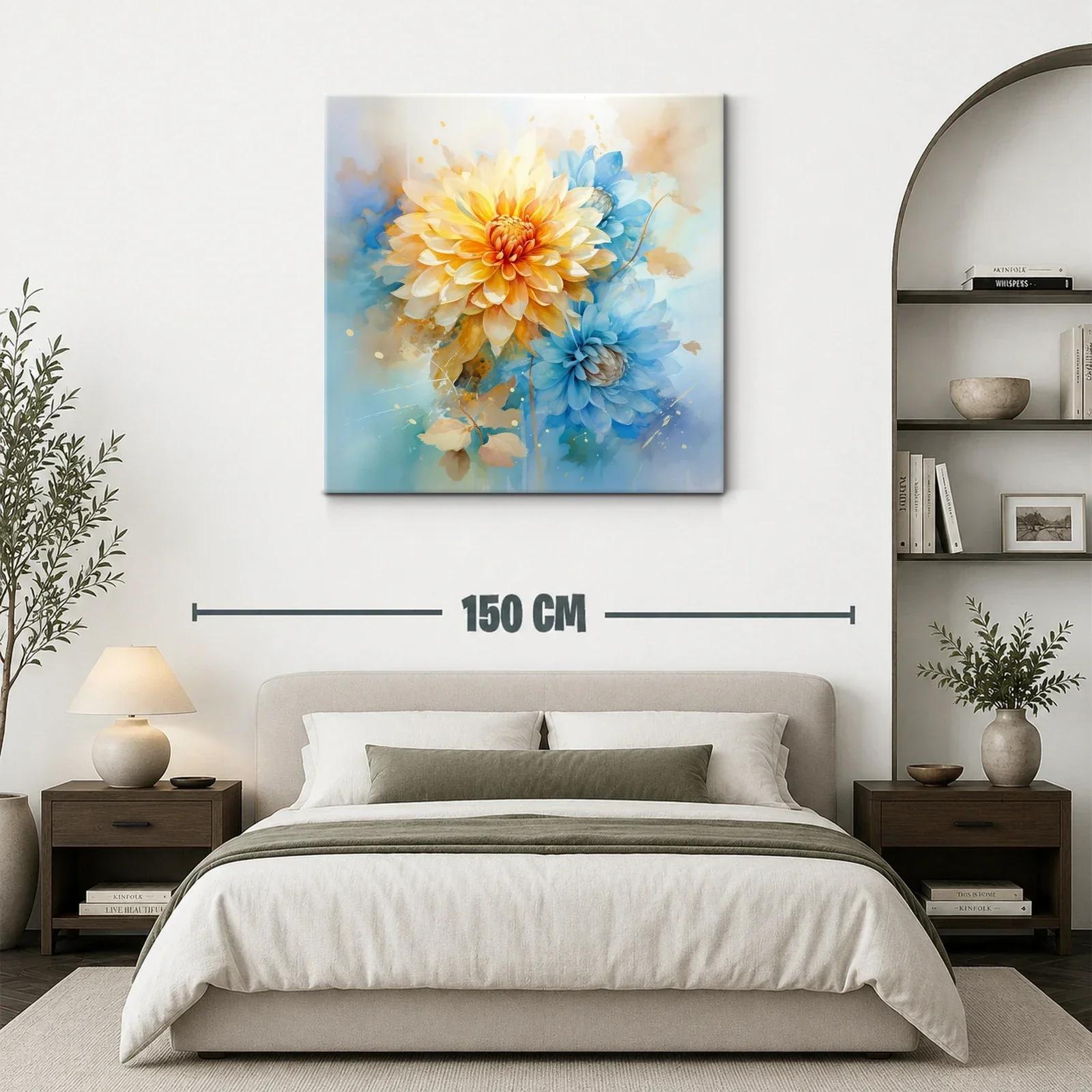 Cuadro floral con pétalos en tonos cálidos y azules suaves — miniatura 3