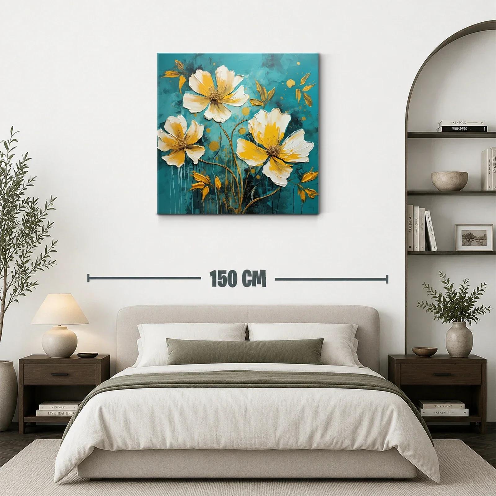 Cuadro floral moderno en tonos cálidos y fondo azul profundo — miniatura 3