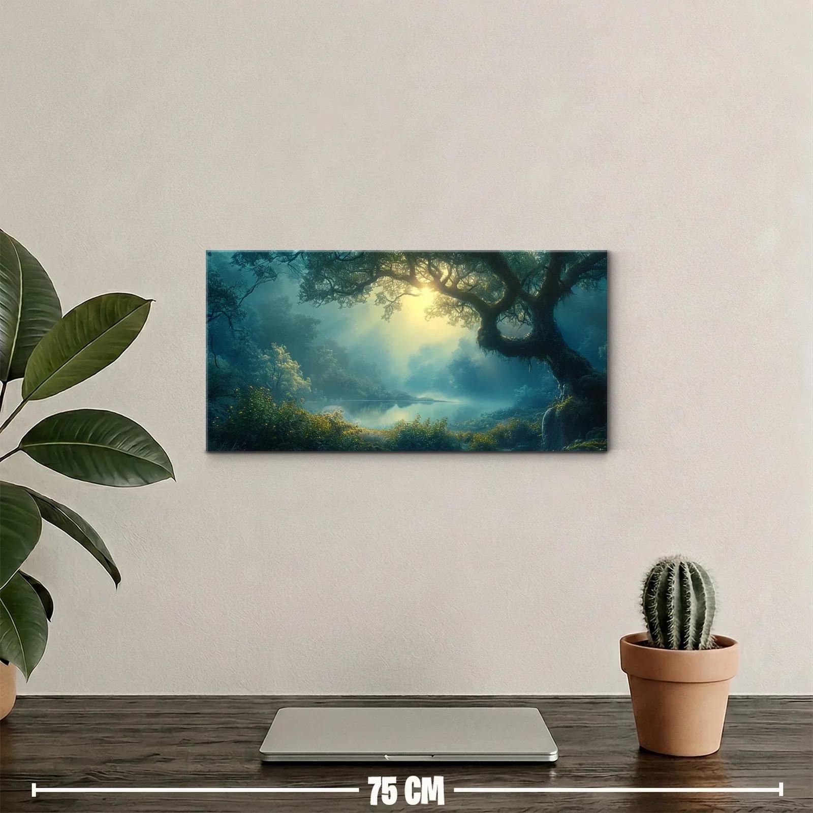 Cuadro bosque con árboles retorcidos y luz entre la niebla — miniatura 2