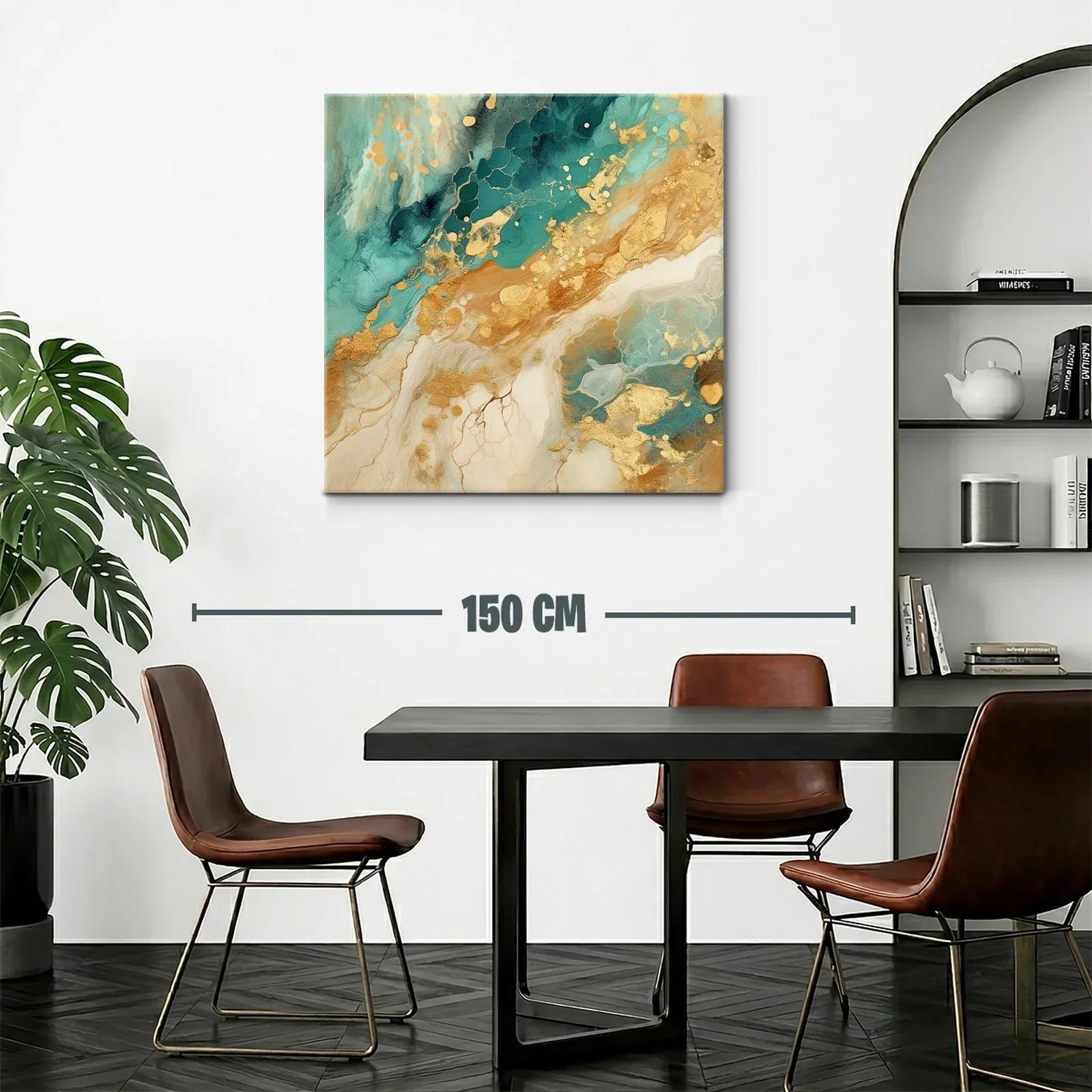 Cuadro abstracto con detalles dorados y tonos turquesa — miniatura 2