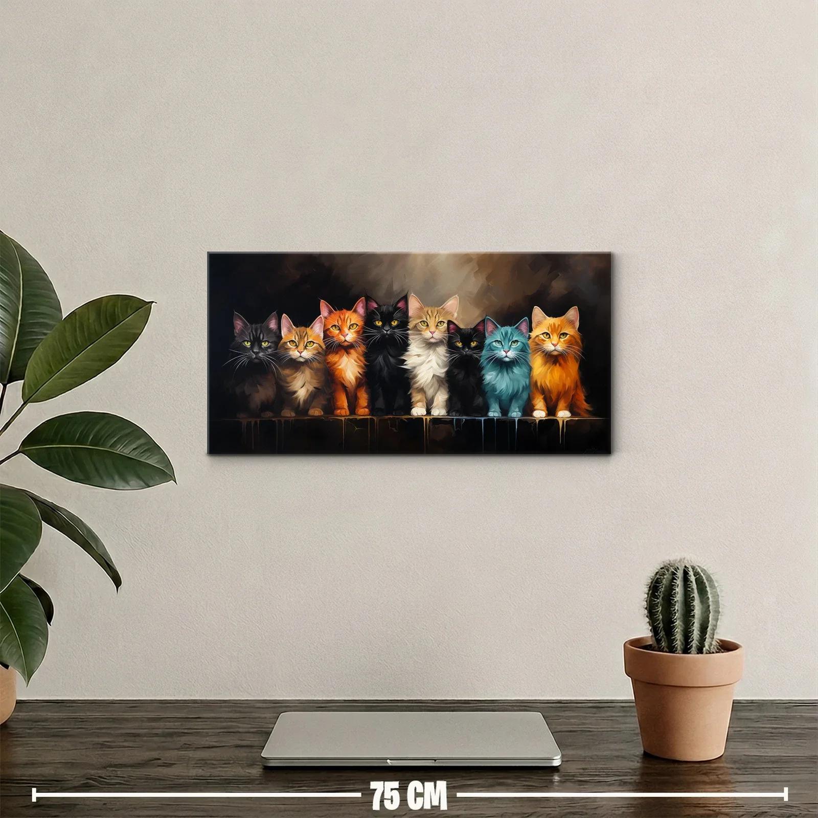 Cuadro ocho gatos en fila sobre fondo oscuro — miniatura 2