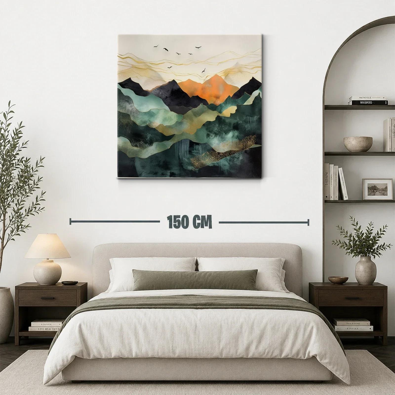 Paisaje abstracto con montañas y aves en tonos cálidos — miniatura 3