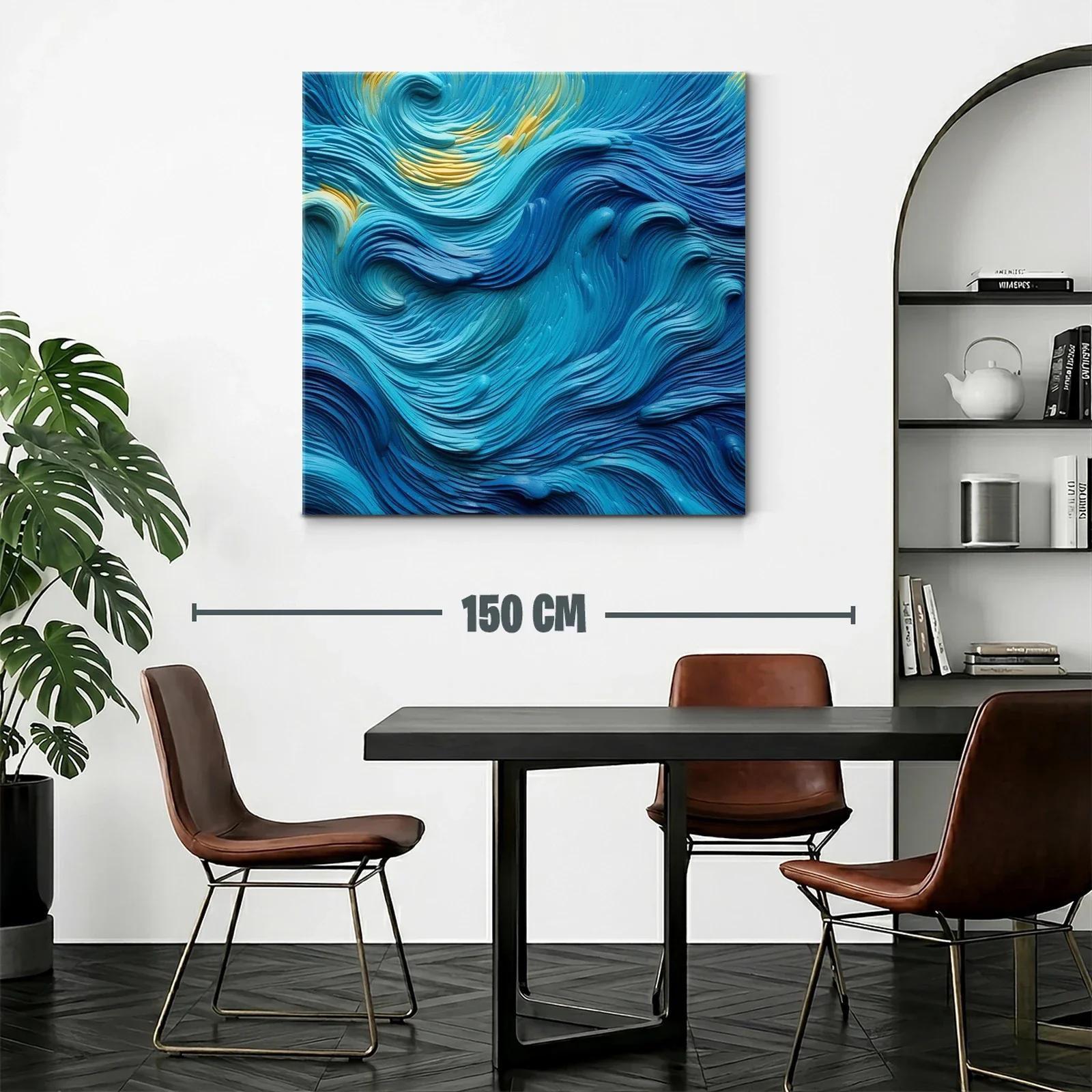 Cuadro abstracto con ondas en tonos azules y toques dorados — miniatura 2