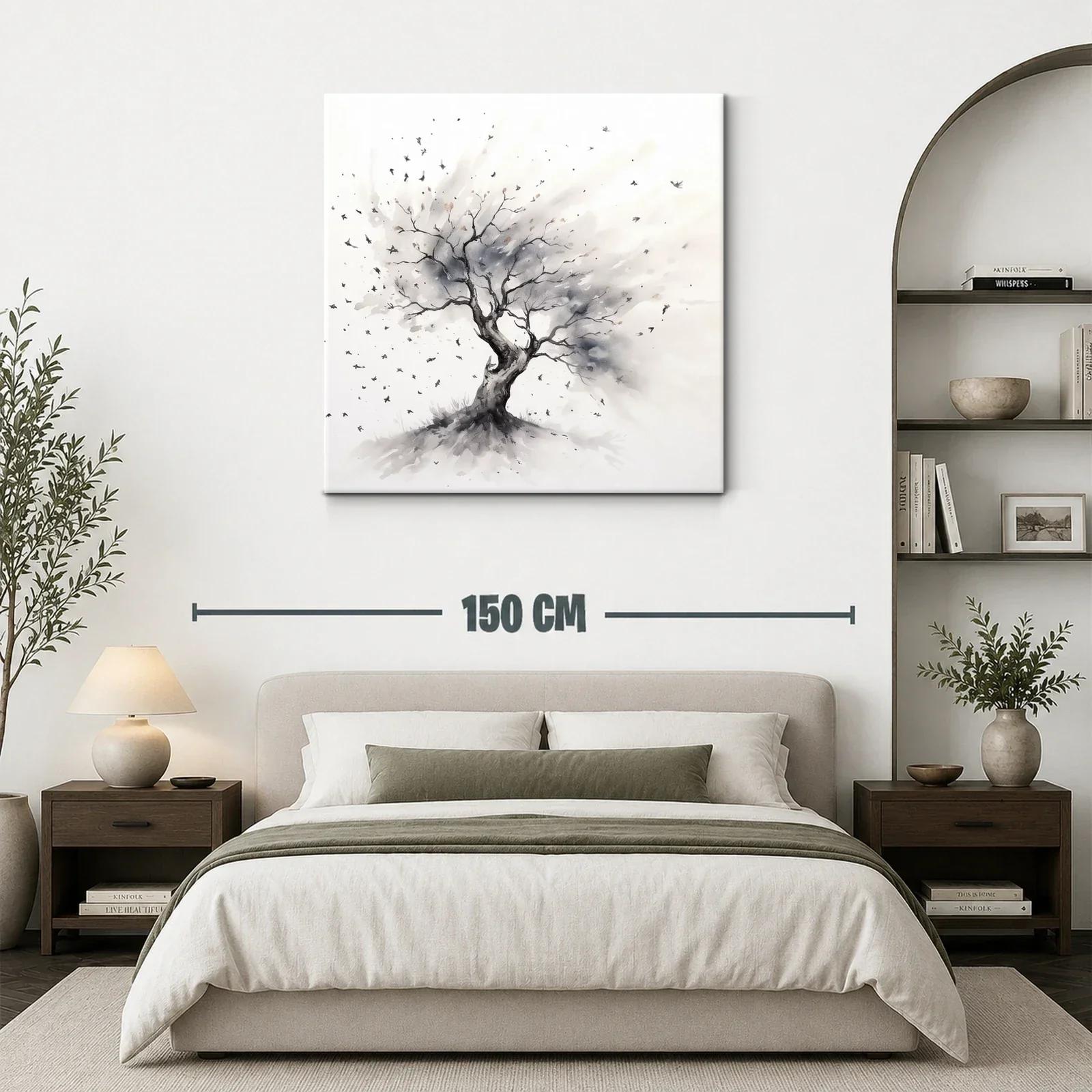 Árbol solitario con aves en tonos neutros — miniatura 3