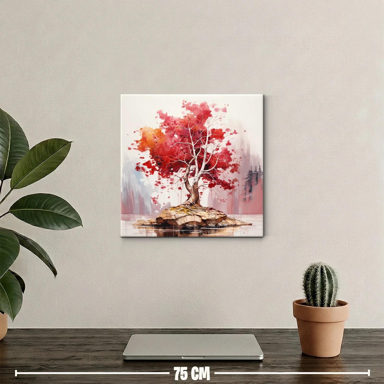 Árbol rojo vibrante sobre roca en lago calmado — miniatura 2