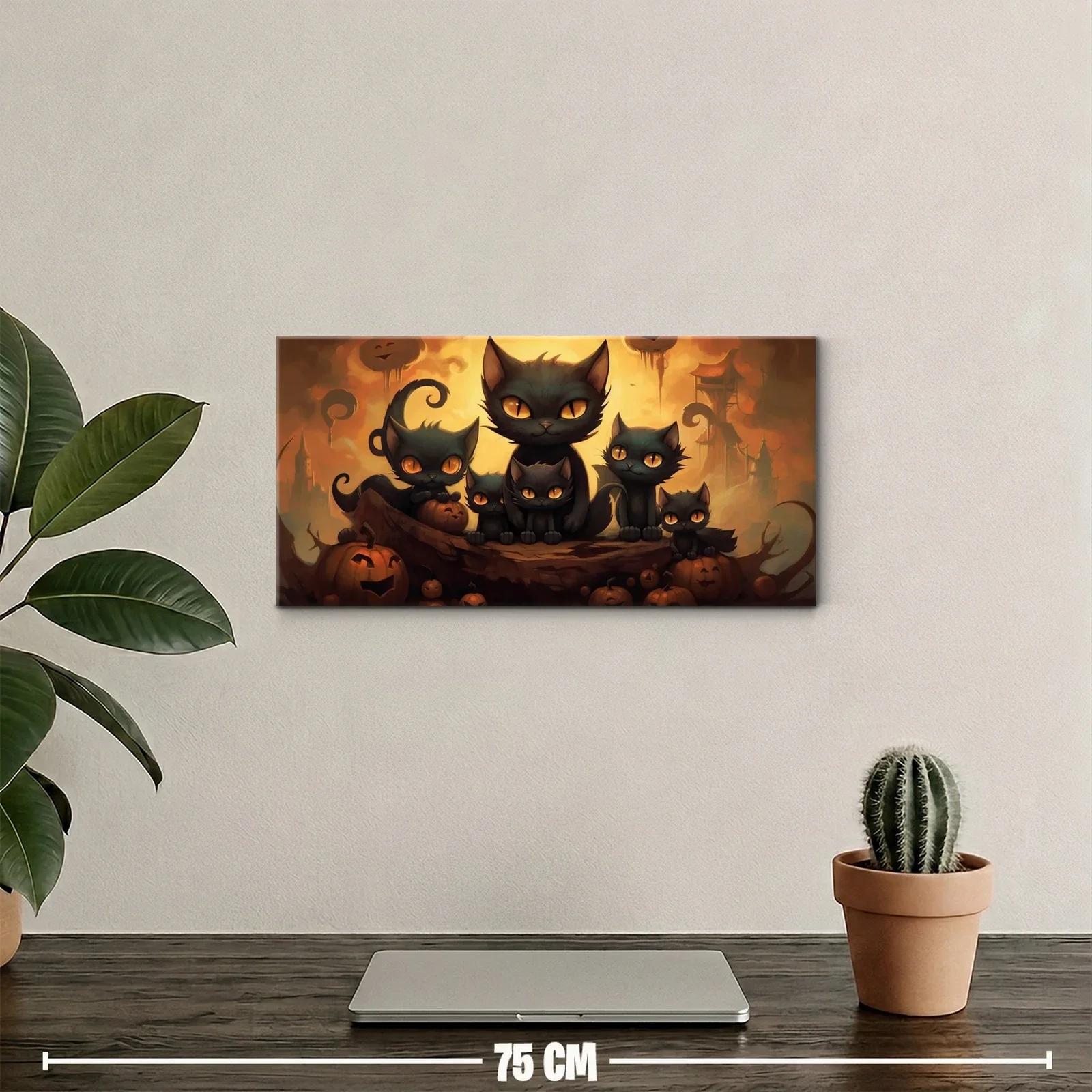 Cuadro grupo de gatos negros entre calabazas de Halloween — miniatura 2