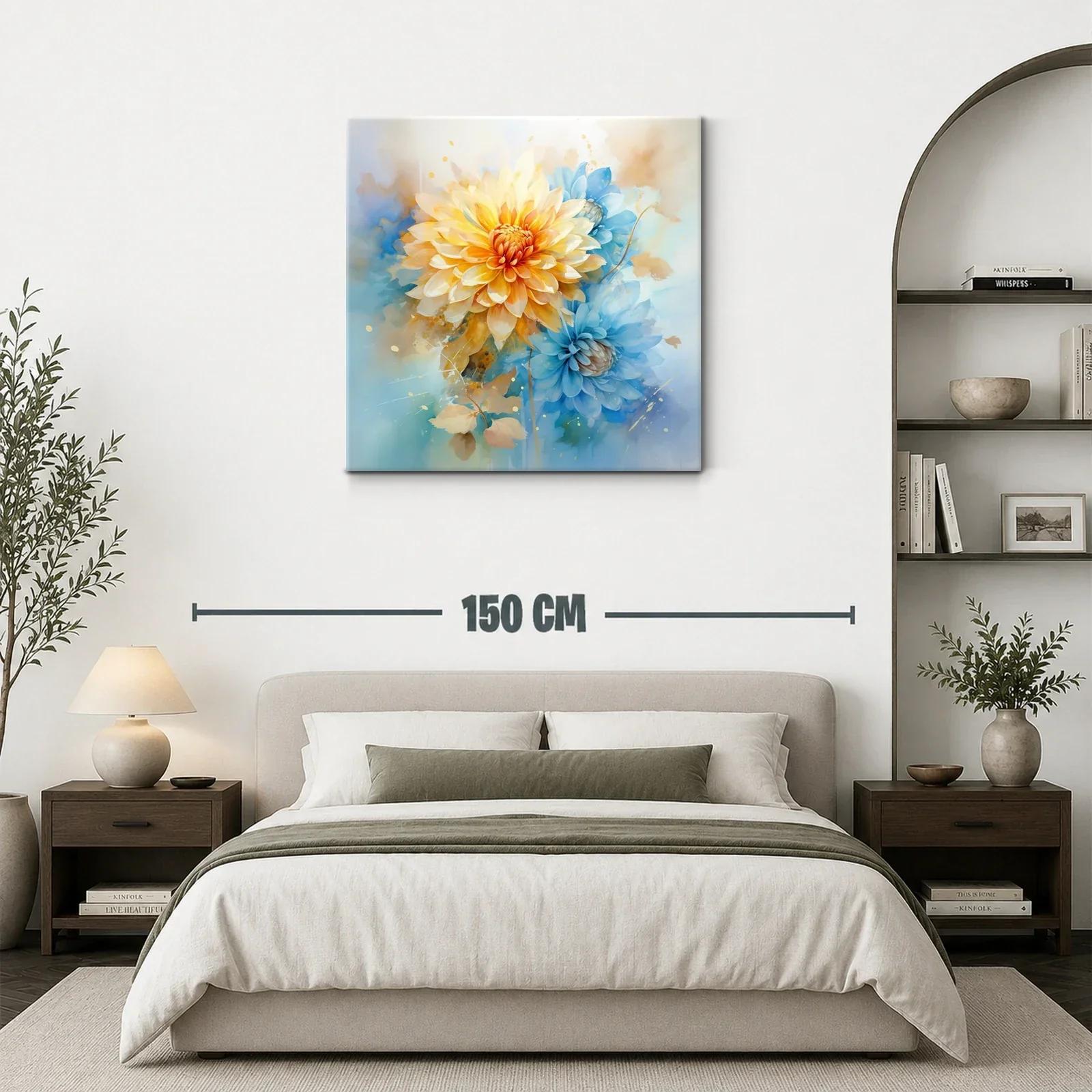 Cuadro floral con pétalos en tonos cálidos y azules suaves — miniatura 3