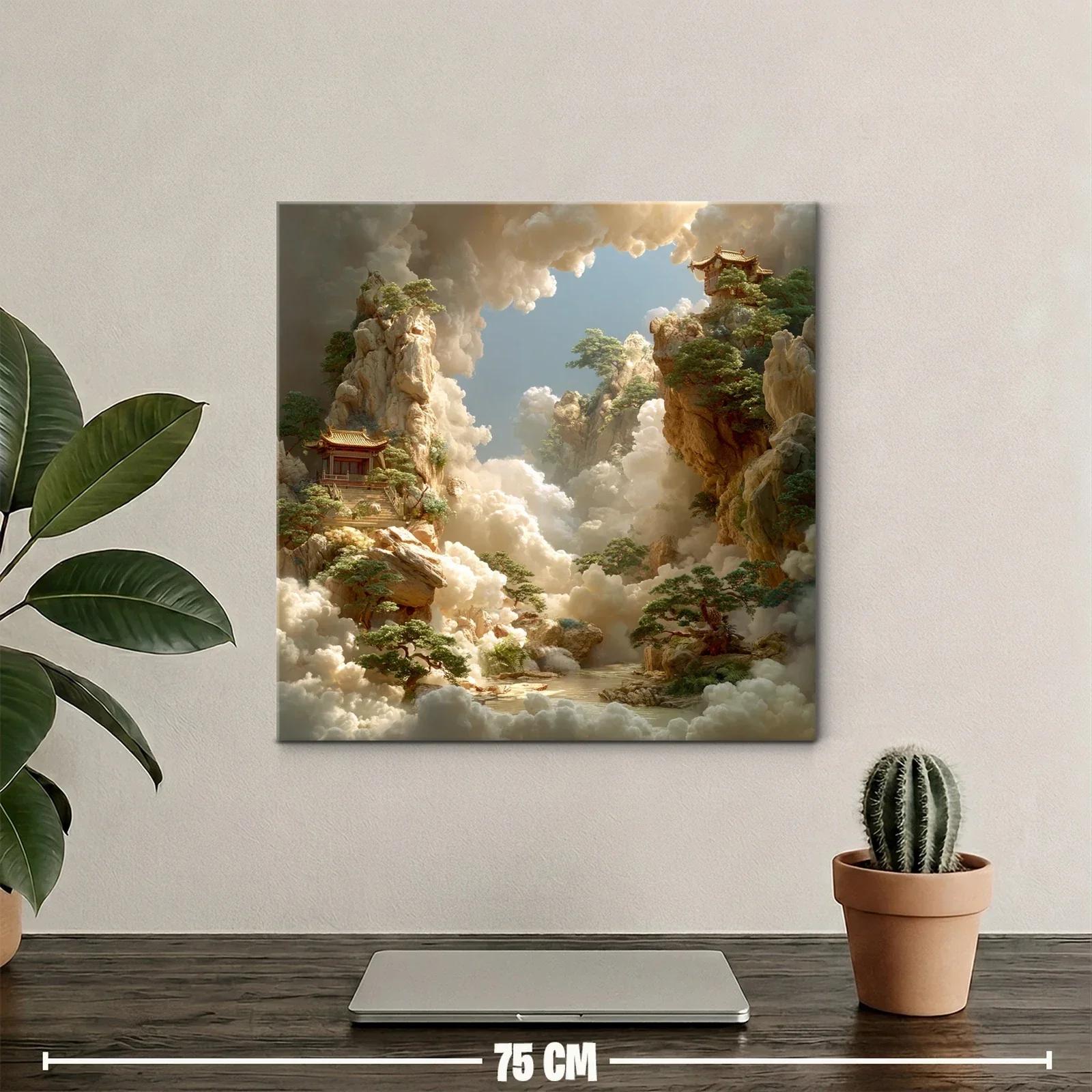 Paisaje onírico con templos en jardines elevados y nubes doradas — miniatura 2