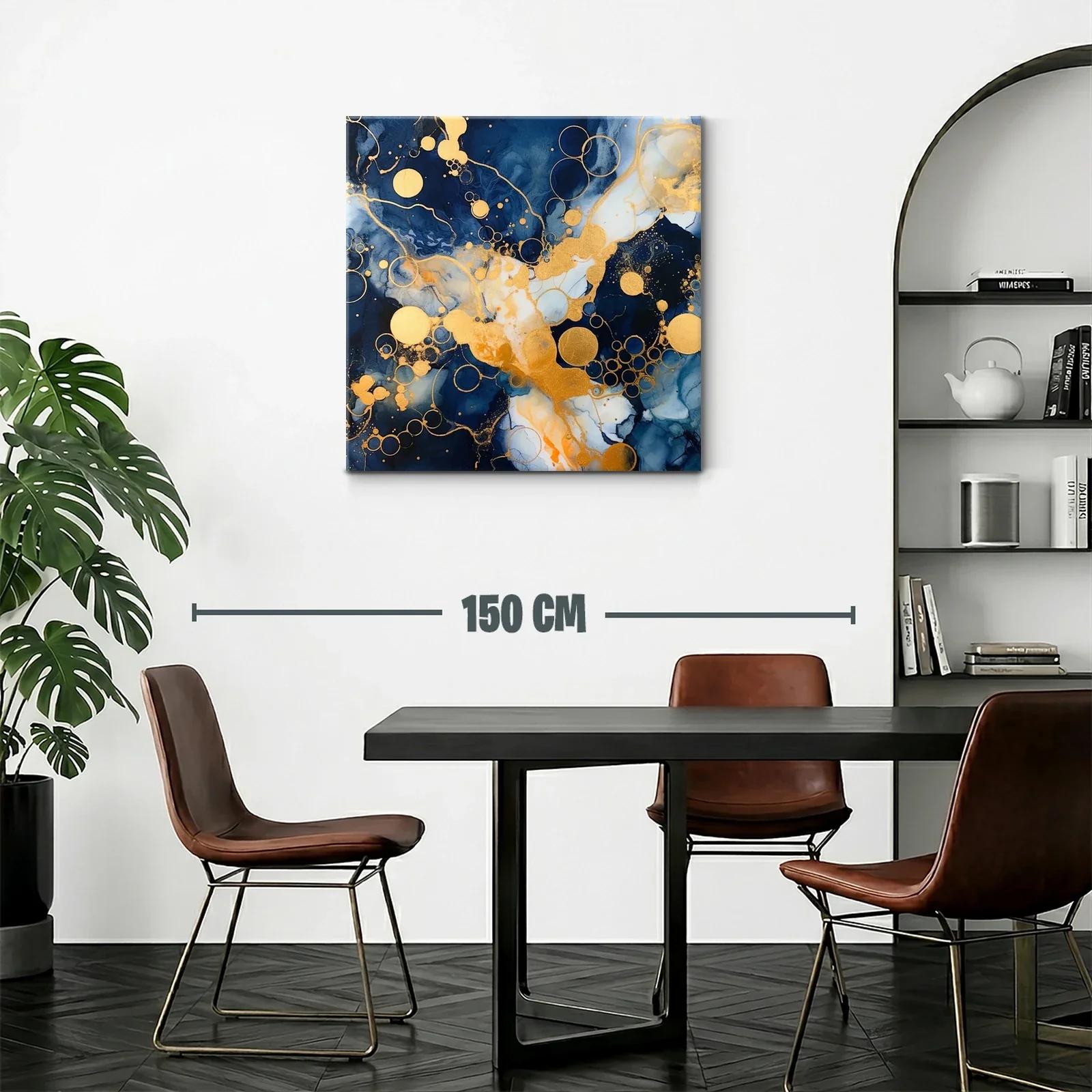 Cuadro abstracto con círculos dorados y tonos azul profundo — miniatura 2