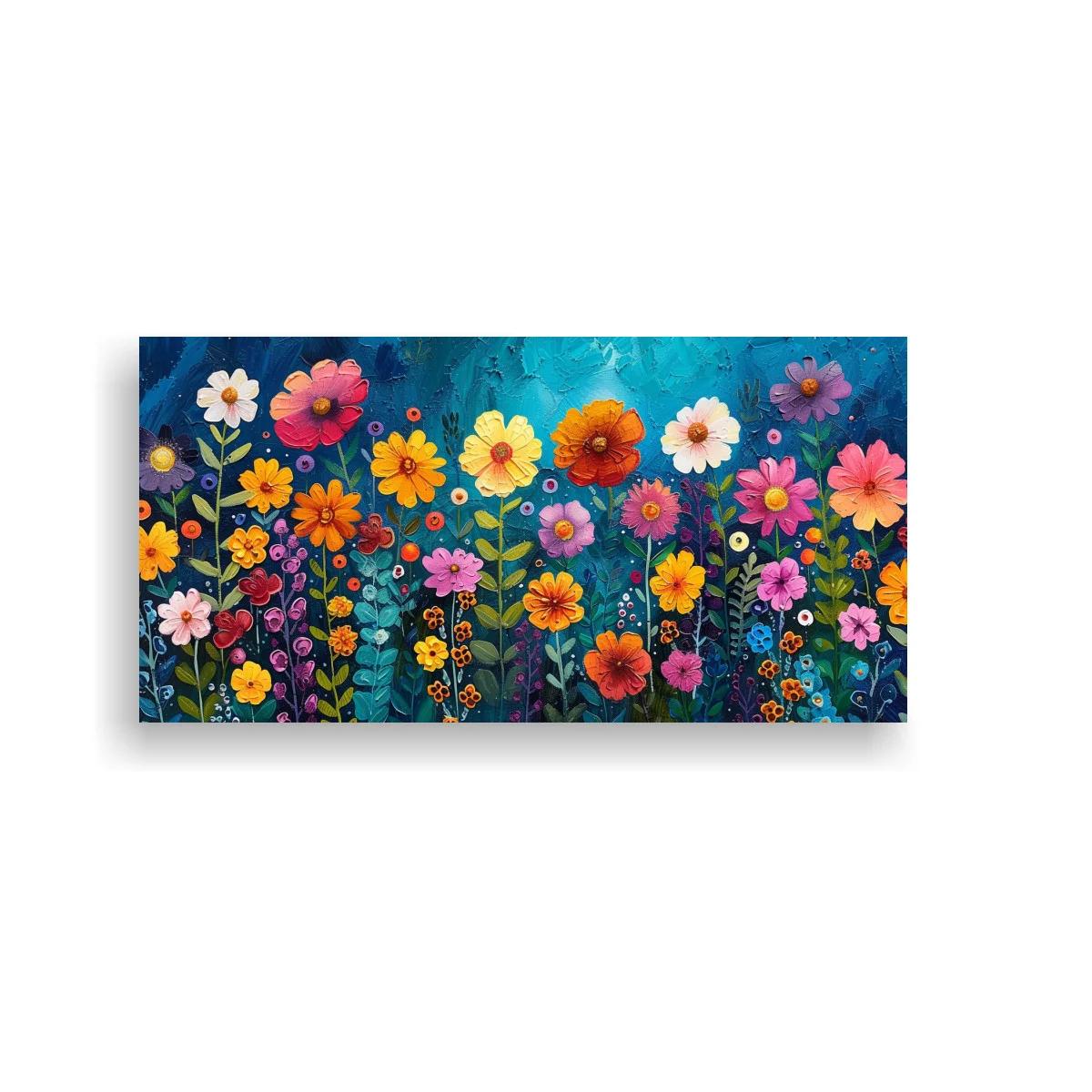 Cuadro campo de flores silvestres sobre fondo azul profundo — imagen principal