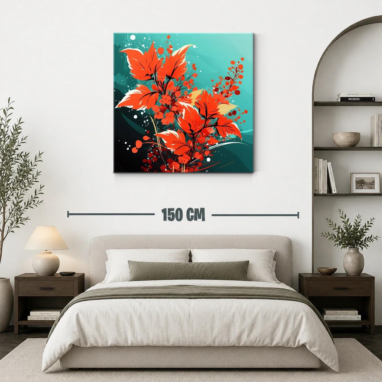 Cuadro moderno con hojas y flores en tonos rojos vibrantes — miniatura 3