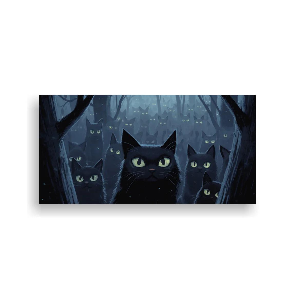 Cuadro gatos negros en bosque brumoso