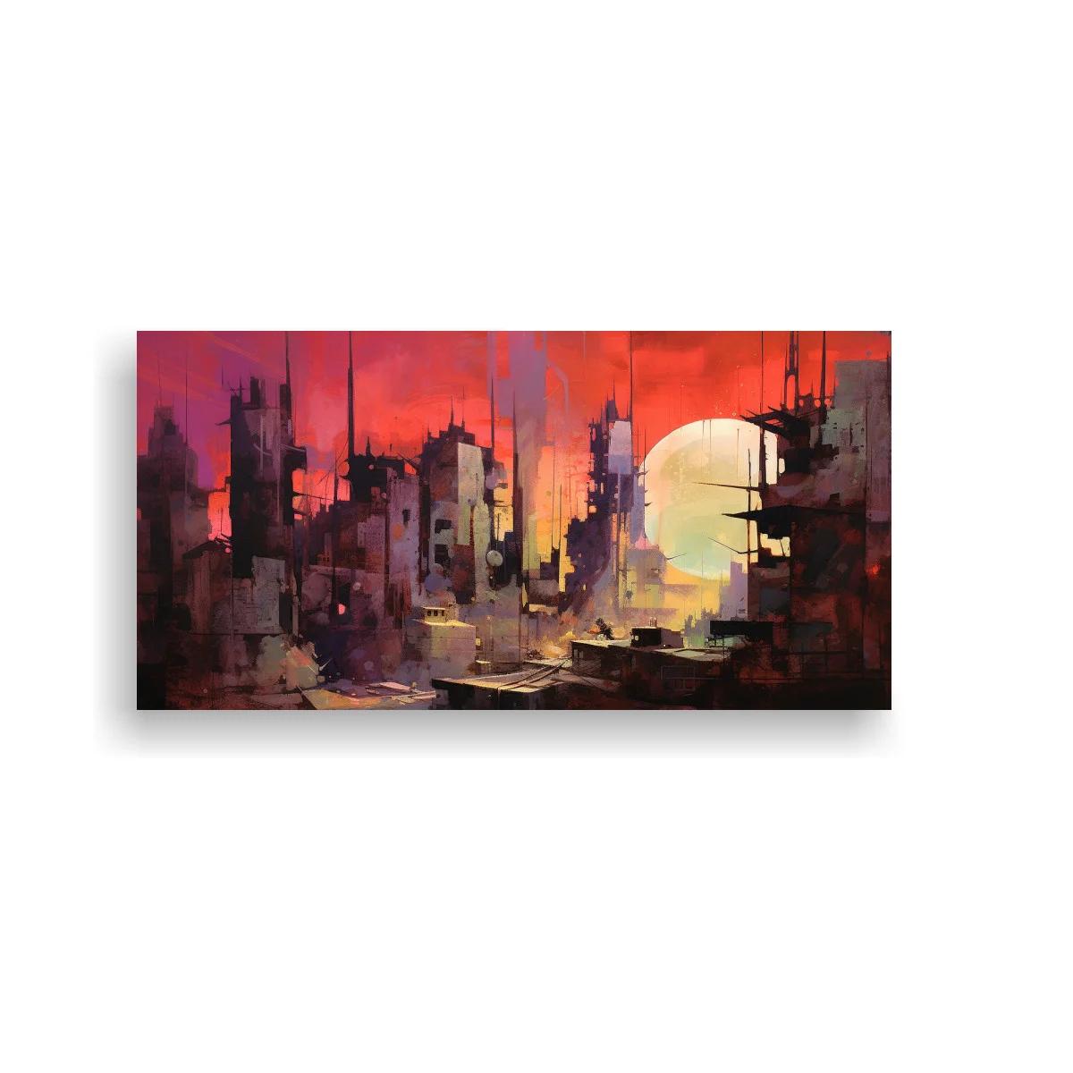 Cuadro ciudad futurista al atardecer con gran sol entre rascacielos — imagen principal