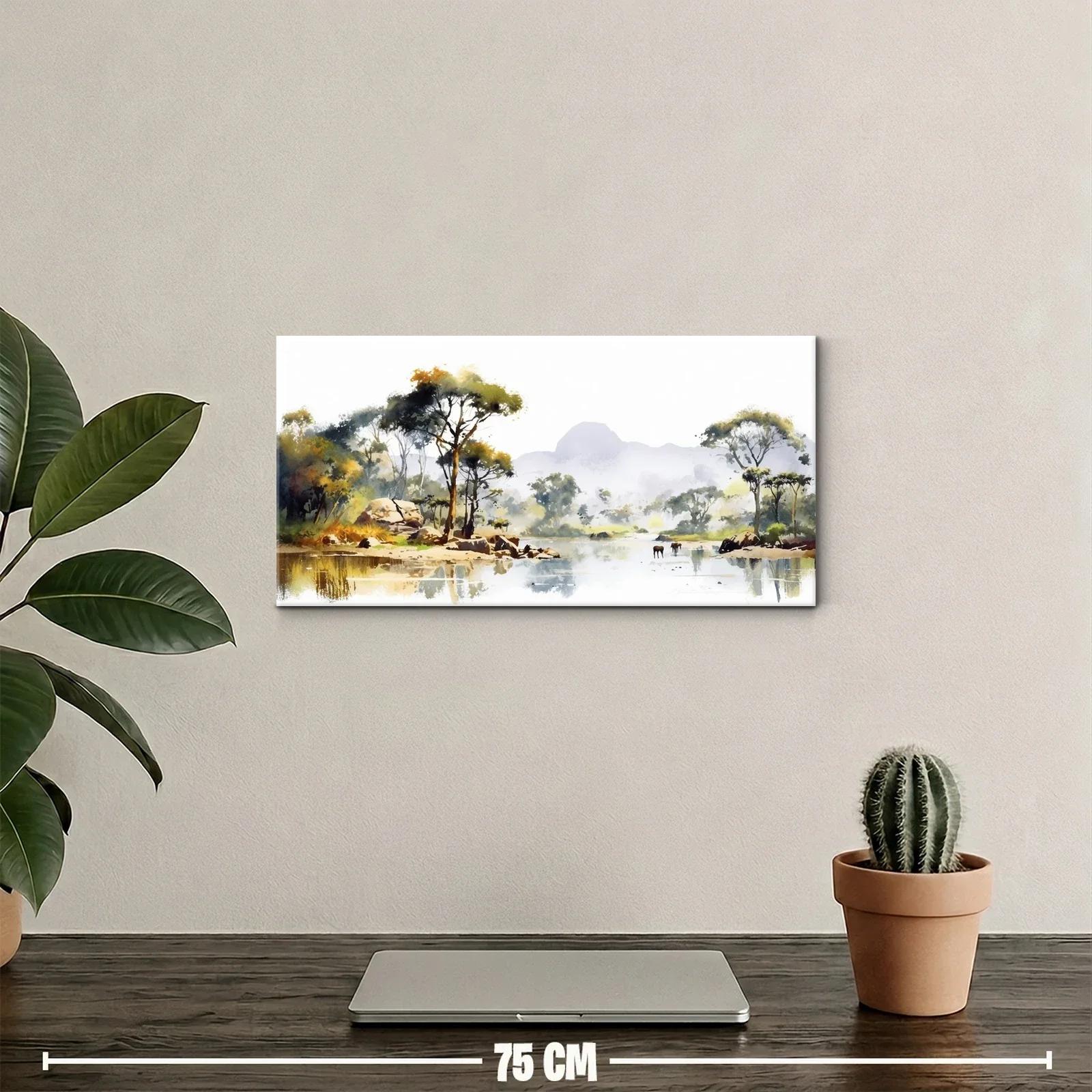Cuadro paisaje con árboles junto al agua y reflejos suaves — miniatura 2