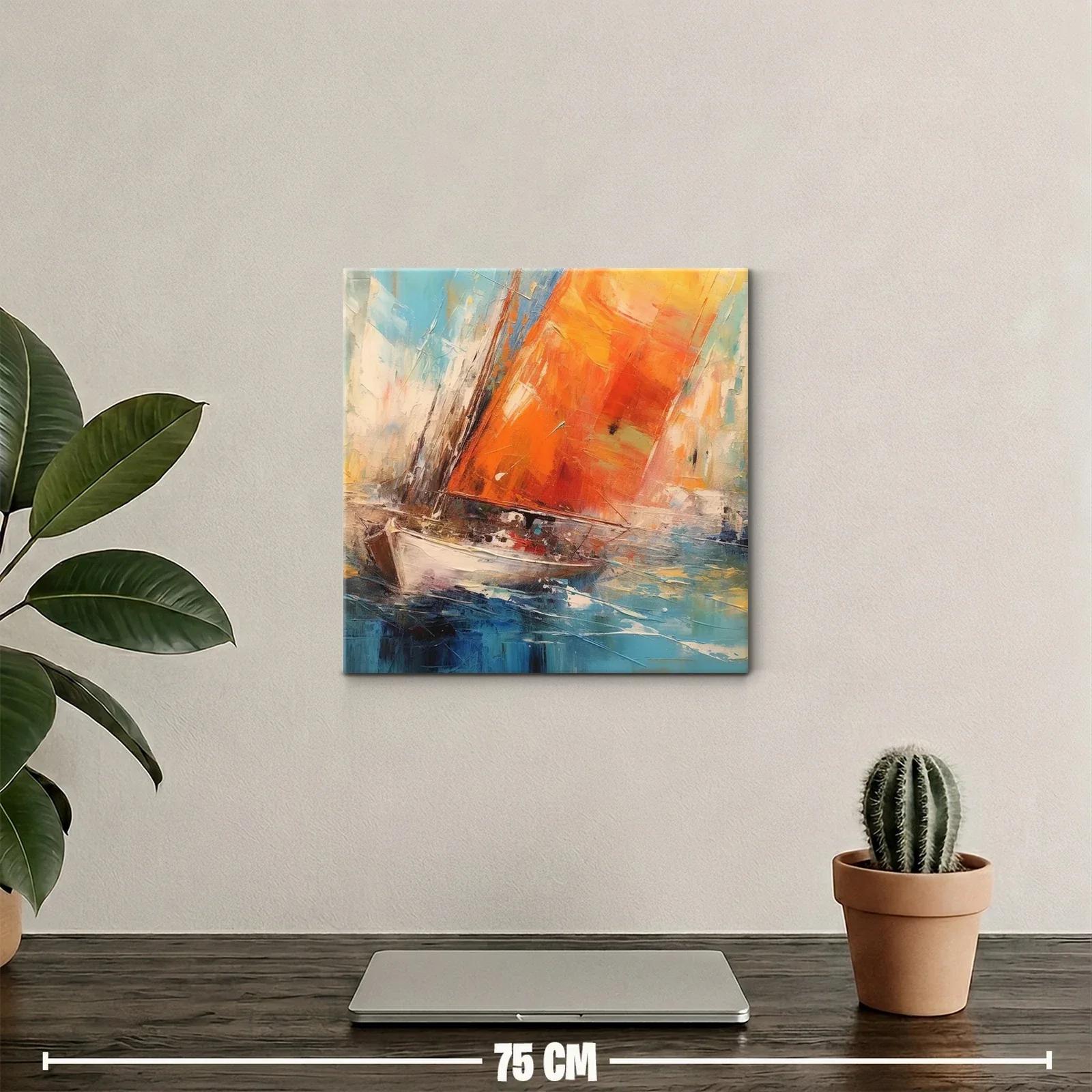Cuadro barco con velas naranjas surcando el mar azul — miniatura 2