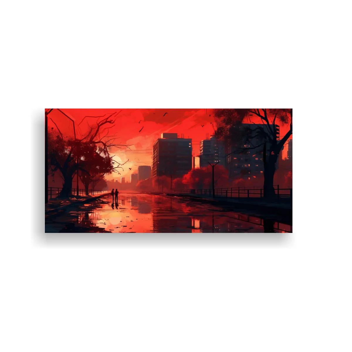 Cuadro calle urbana mojada con cielo rojo y farolas — imagen principal