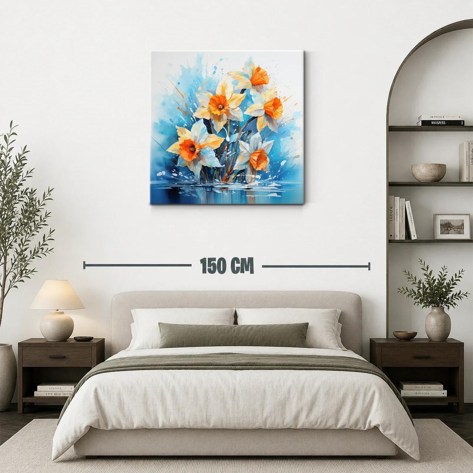 Cuadro floral vibrante con narcisos anaranjados y fondo azul — miniatura 3
