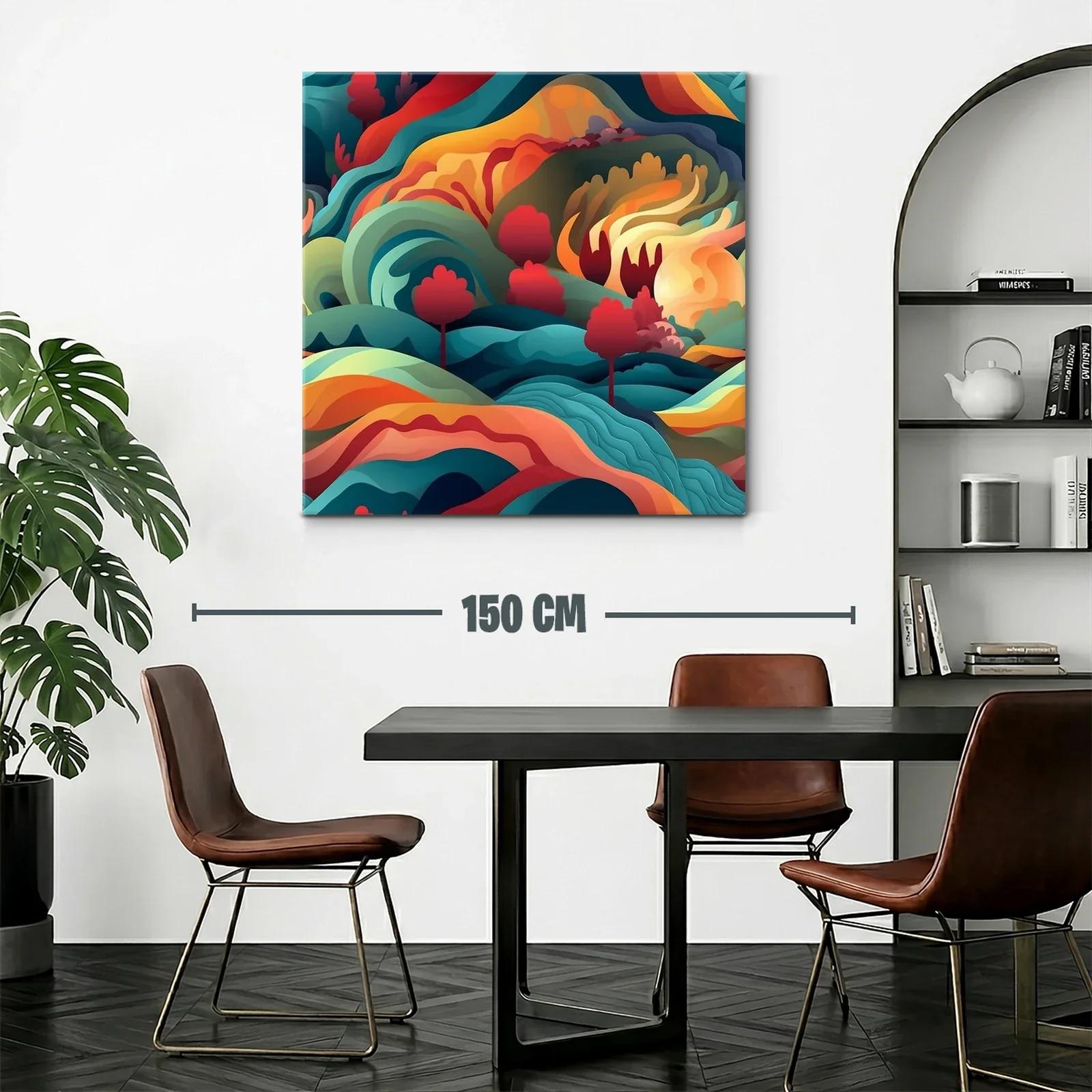 Paisaje abstracto con vibrantes formas ondulantes y árboles rojos — miniatura 2