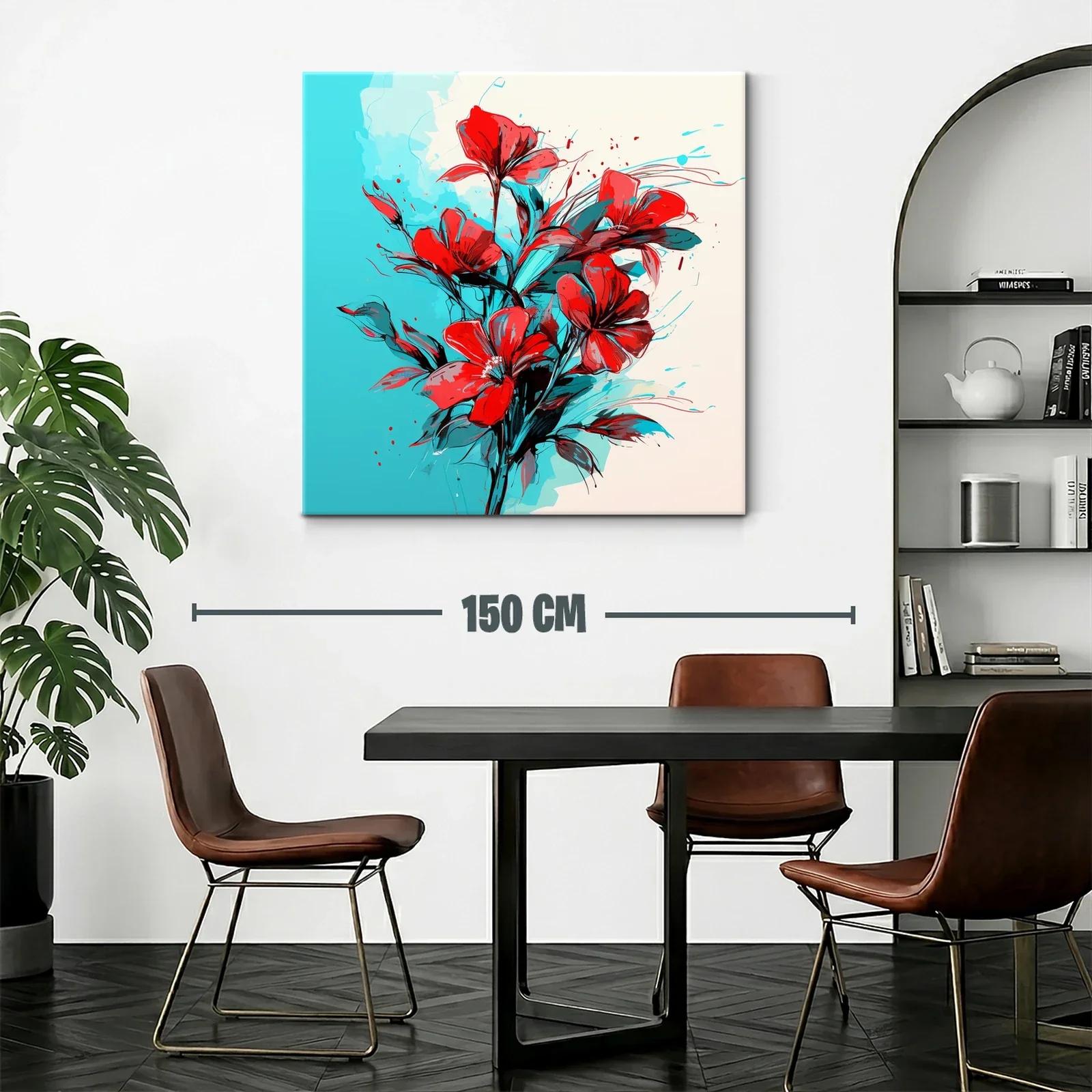 Ramo vibrante de flores rojas sobre fondo azul y beige — miniatura 2