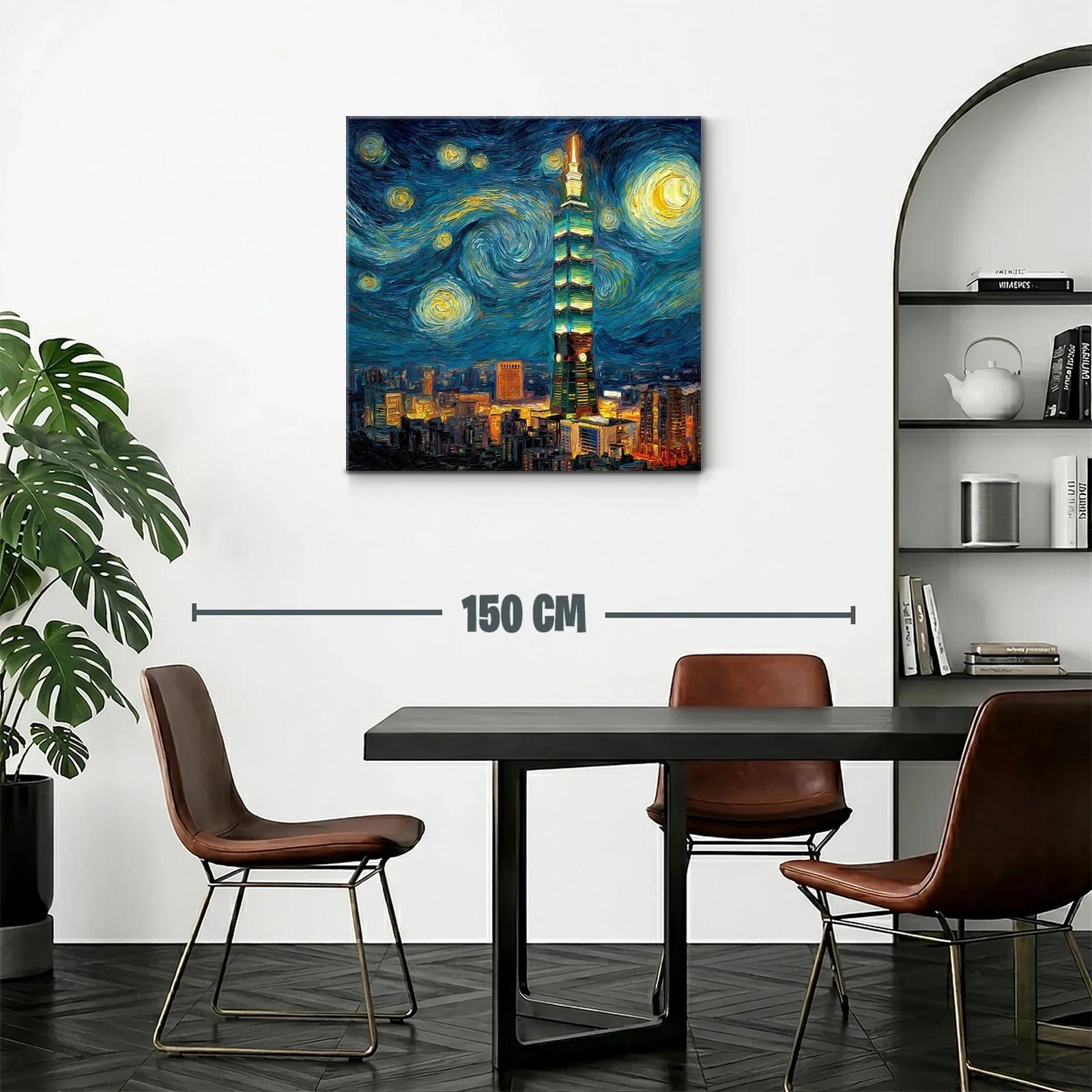 Ciudad nocturna vibrante con torre iluminada al estilo Van Gogh — miniatura 2