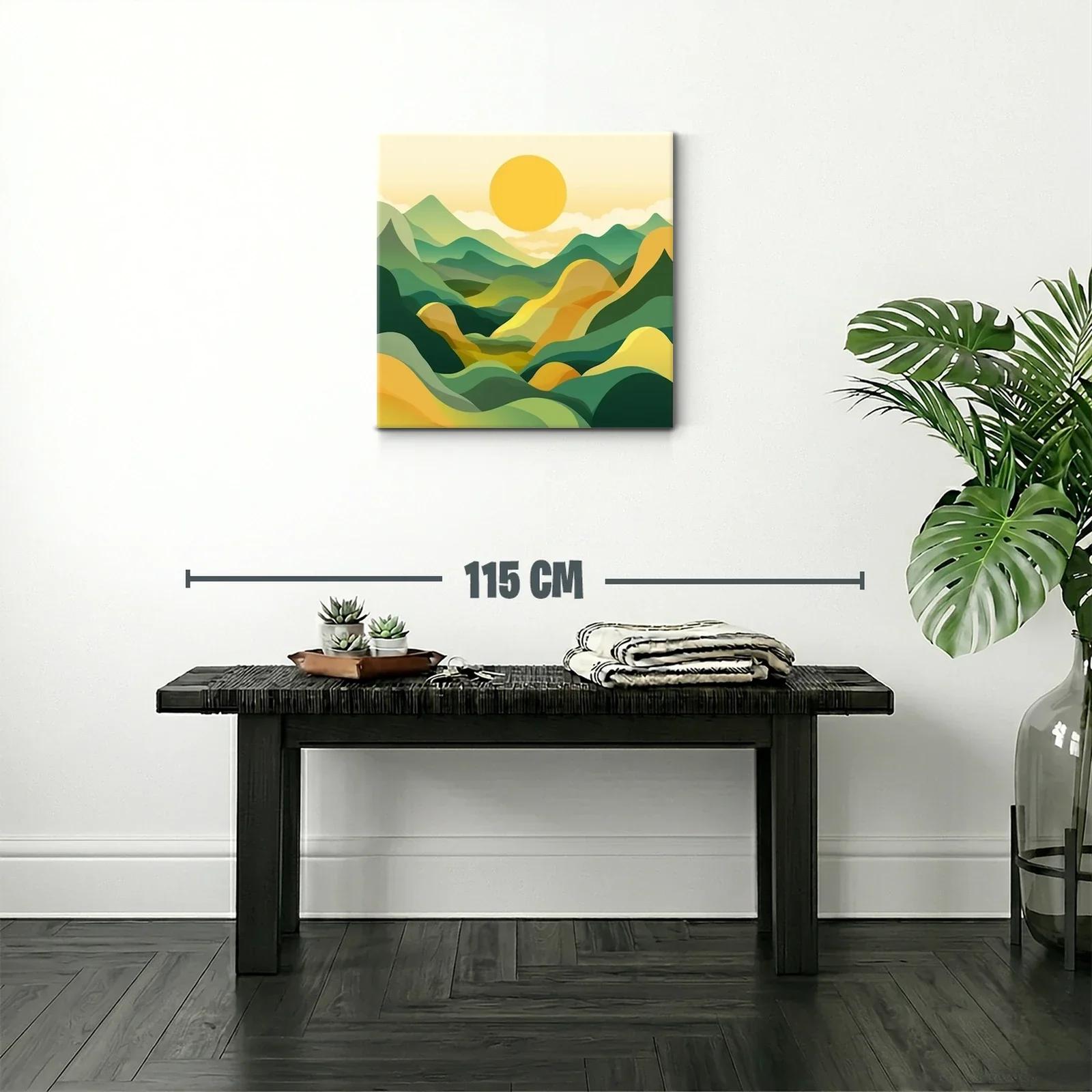 Paisaje abstracto con montañas y sol amarillo vibrante — miniatura 2