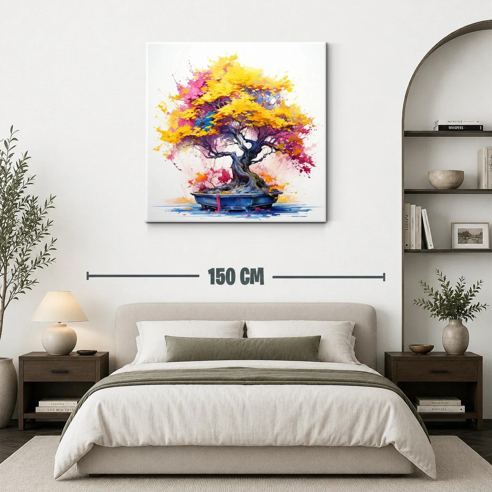 Árbol de bonsái con vibrantes hojas otoñales en amarillo y rosa — miniatura 3