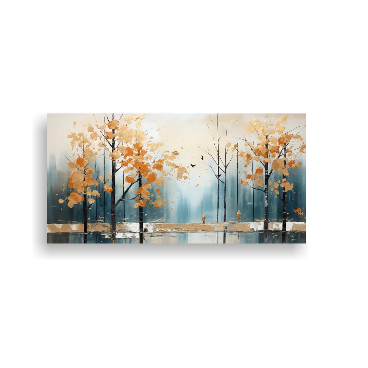 Cuadro bosque de árboles otoñales con reflejos y aves — imagen principal