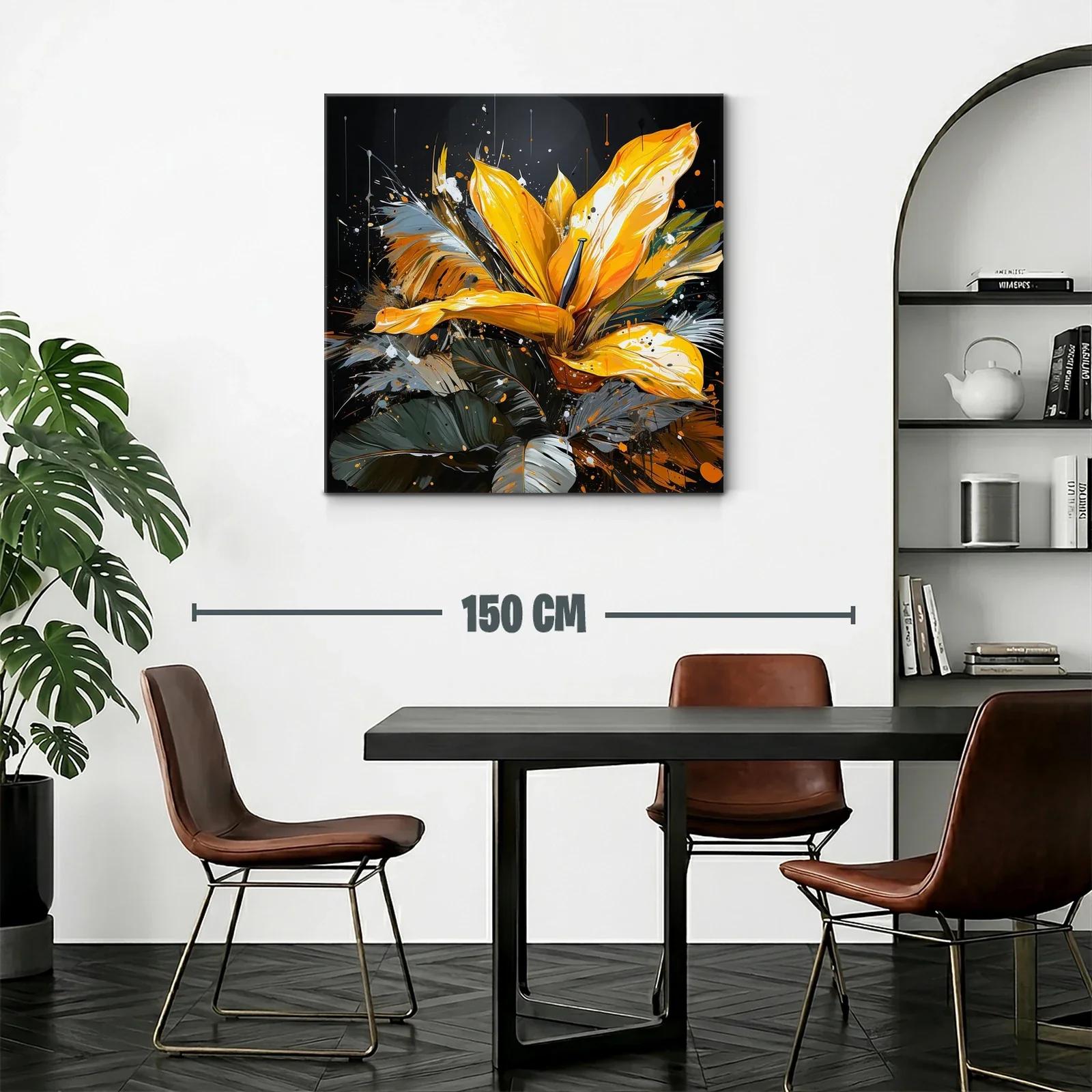 Cuadro vibrante con flor amarilla y hojas en tonos oscuros — miniatura 2
