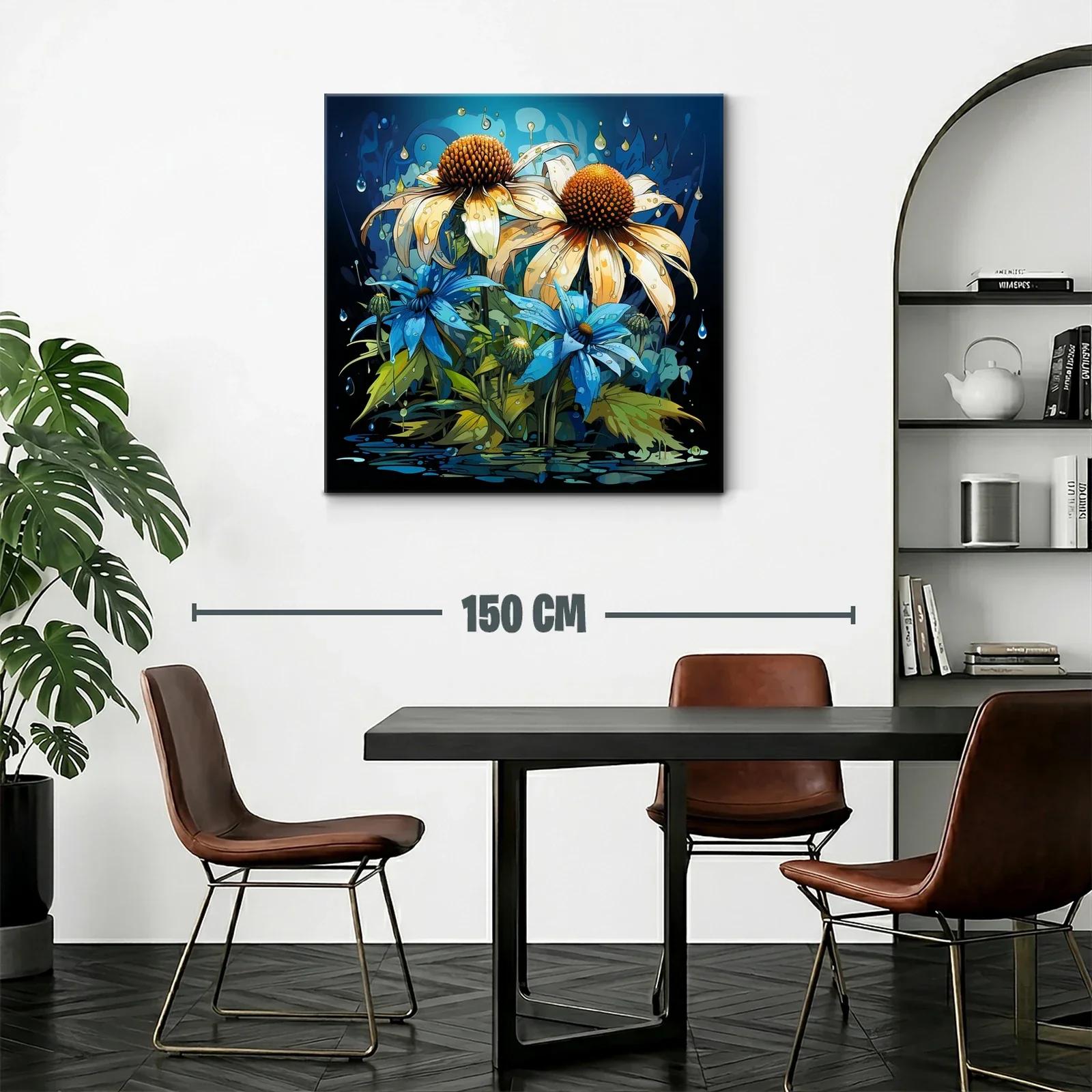 Flores vibrantes con gotas sobre fondo azul oscuro — miniatura 2