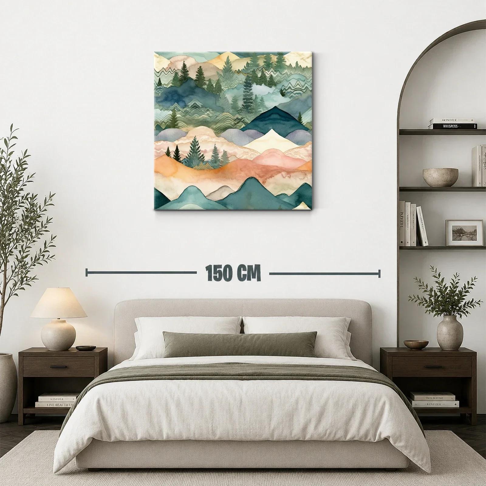 Paisaje abstracto de montañas y pinos en tonos suaves — miniatura 3