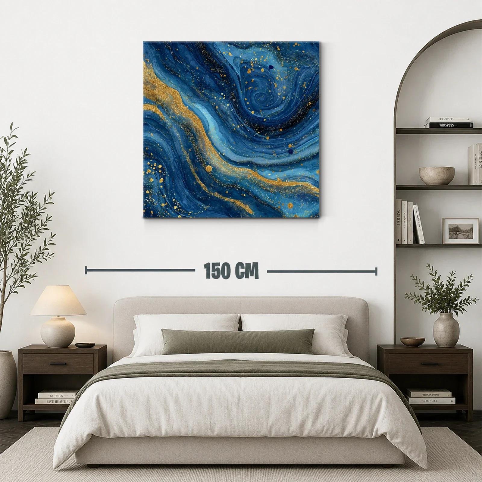 Cuadro abstracto en azul profundo con destellos dorados — miniatura 3