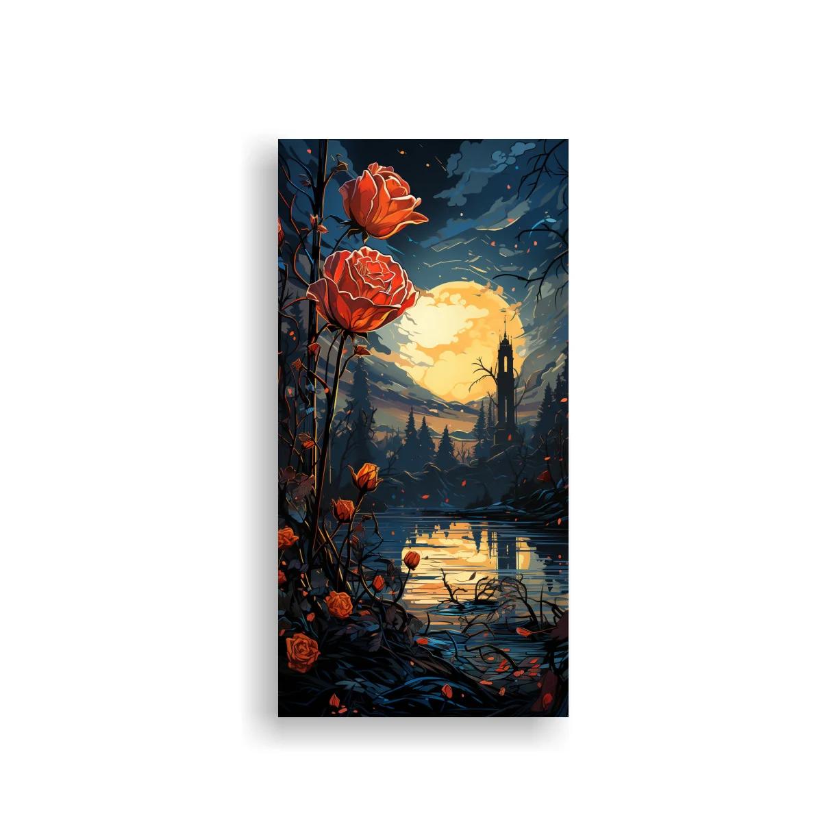 Cuadro rosas naranjas con luna llena y lago — imagen principal