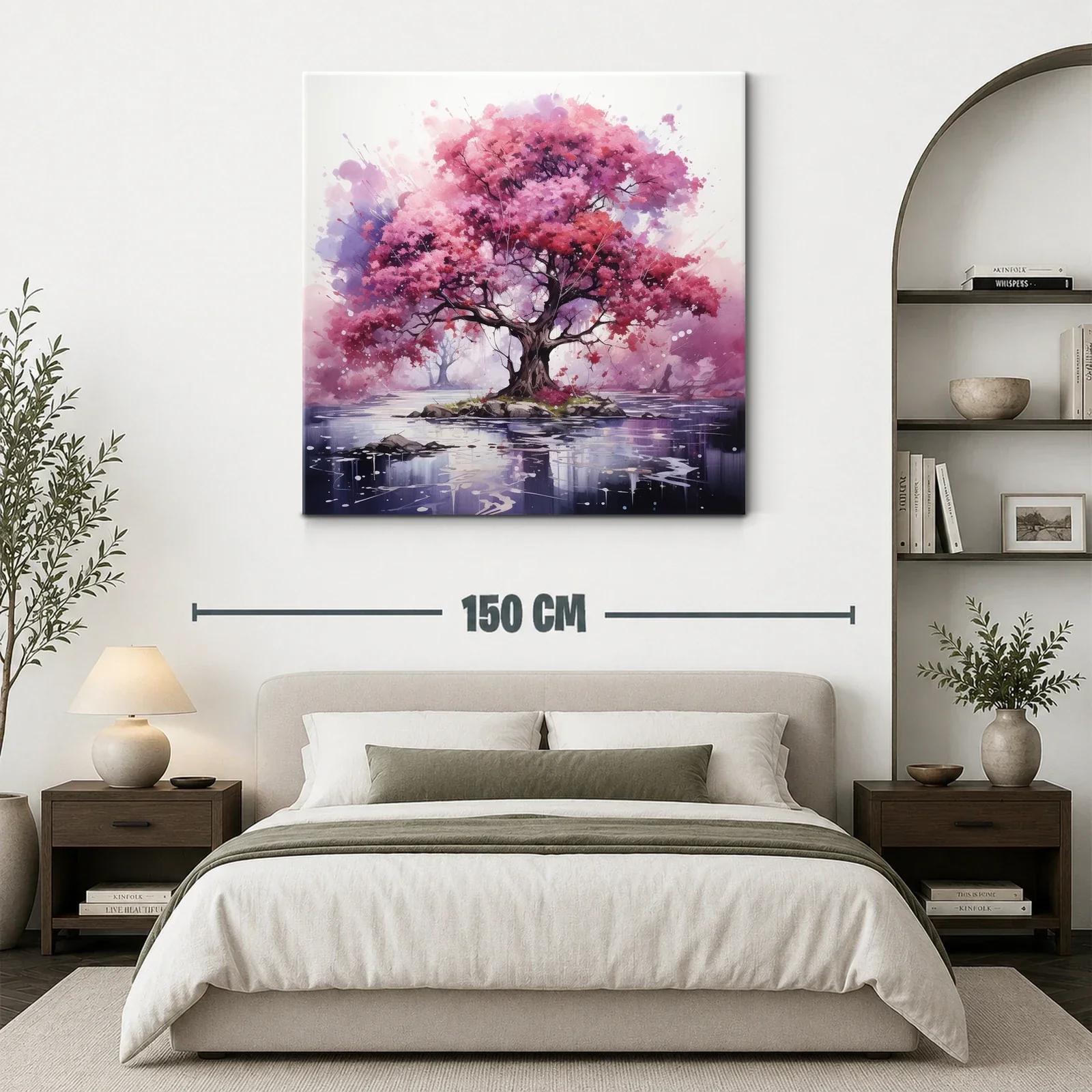 Árbol rosa vibrante sobre isla en lago sereno — miniatura 3