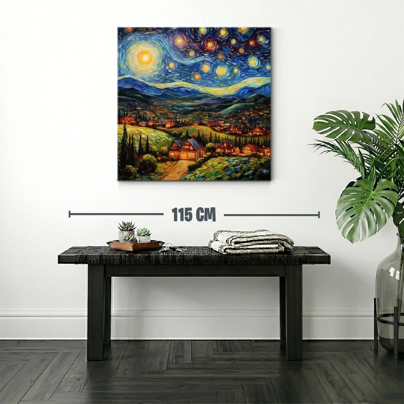 Paisaje Nocturno con Estrellas y Casas Iluminadas — miniatura 2