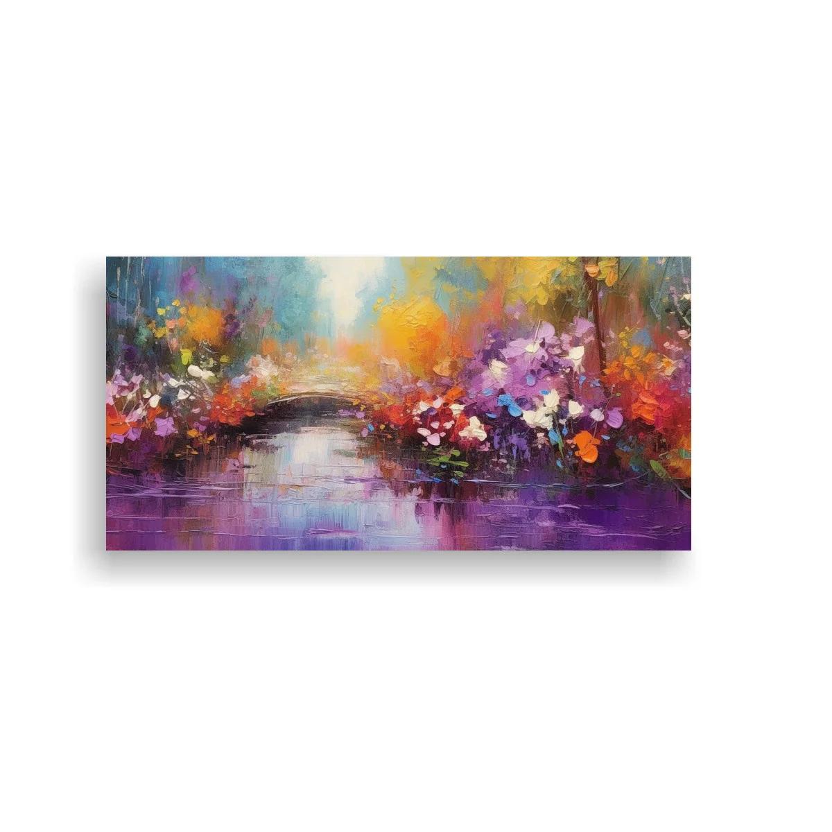 Cuadro arroyo entre flores con reflejos violetas y rosados — imagen principal