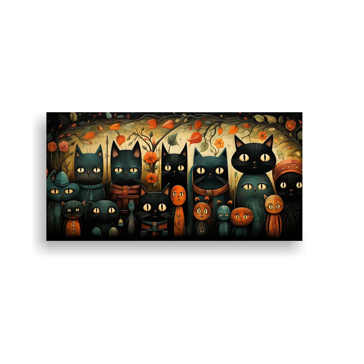 Cuadro grupo de gatos negros enmarcados por ramas y flores — imagen principal