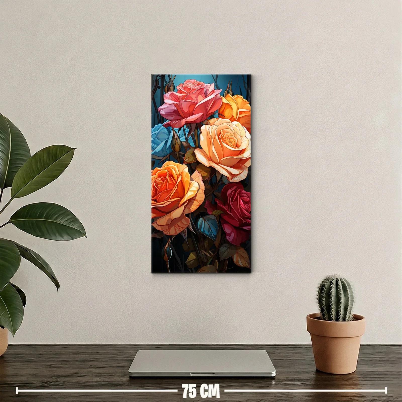Cuadro ramo de rosas coral y granate sobre fondo azul petróleo — miniatura 2