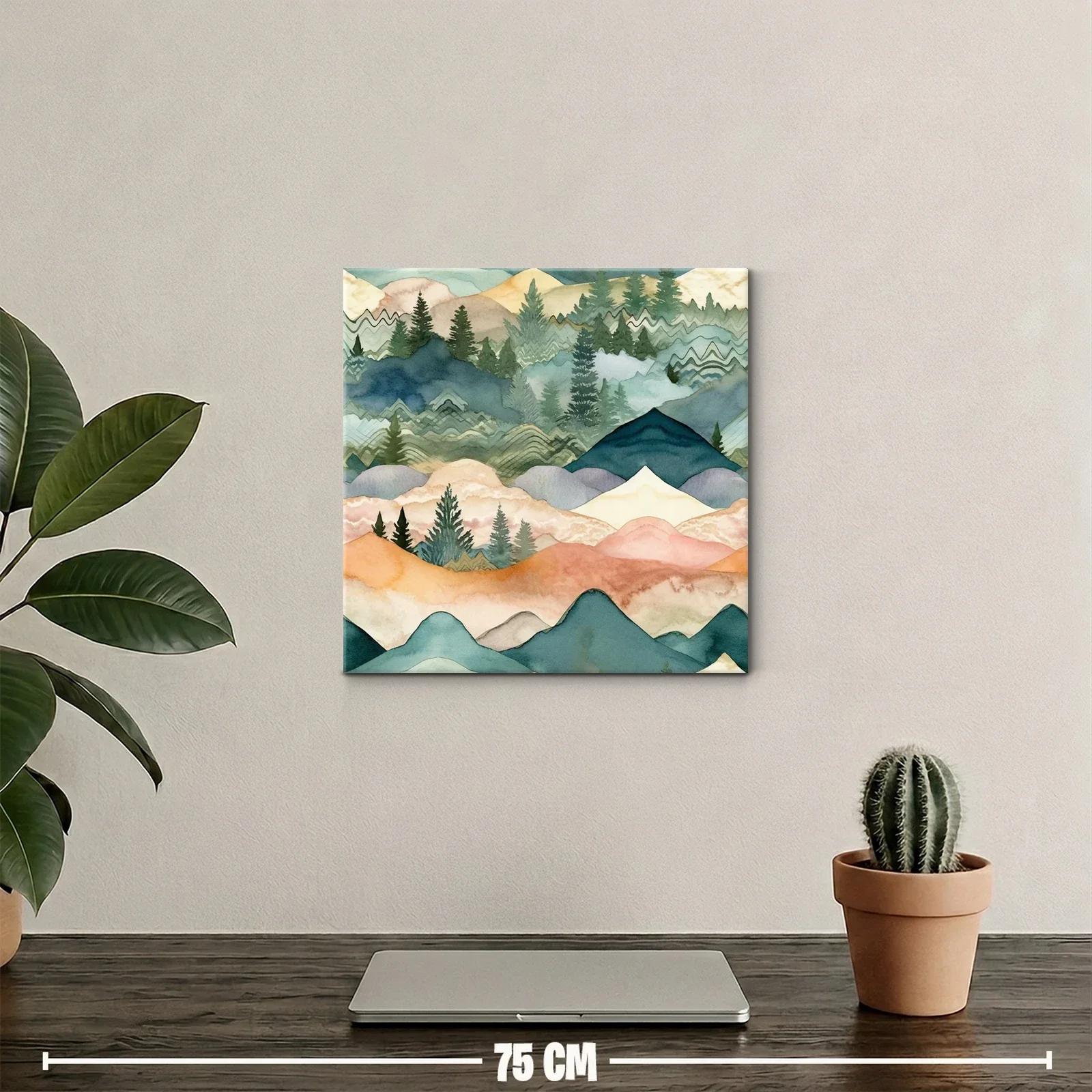 Paisaje abstracto de montañas y pinos en tonos suaves — miniatura 2