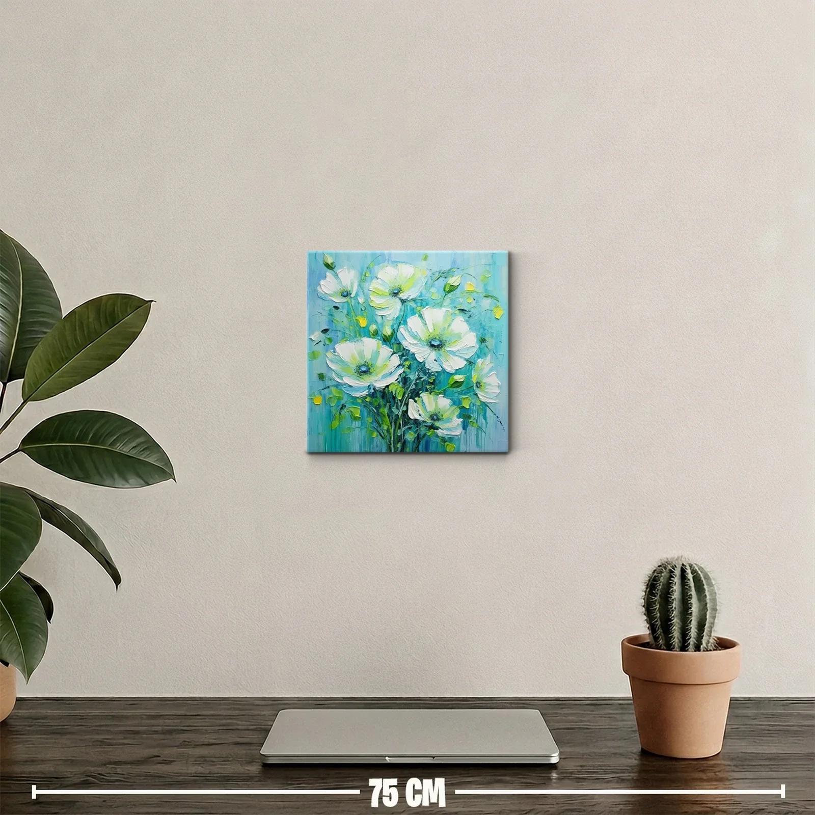 Cuadro decorativo con flores blancas y fondo azul verdoso — miniatura 2