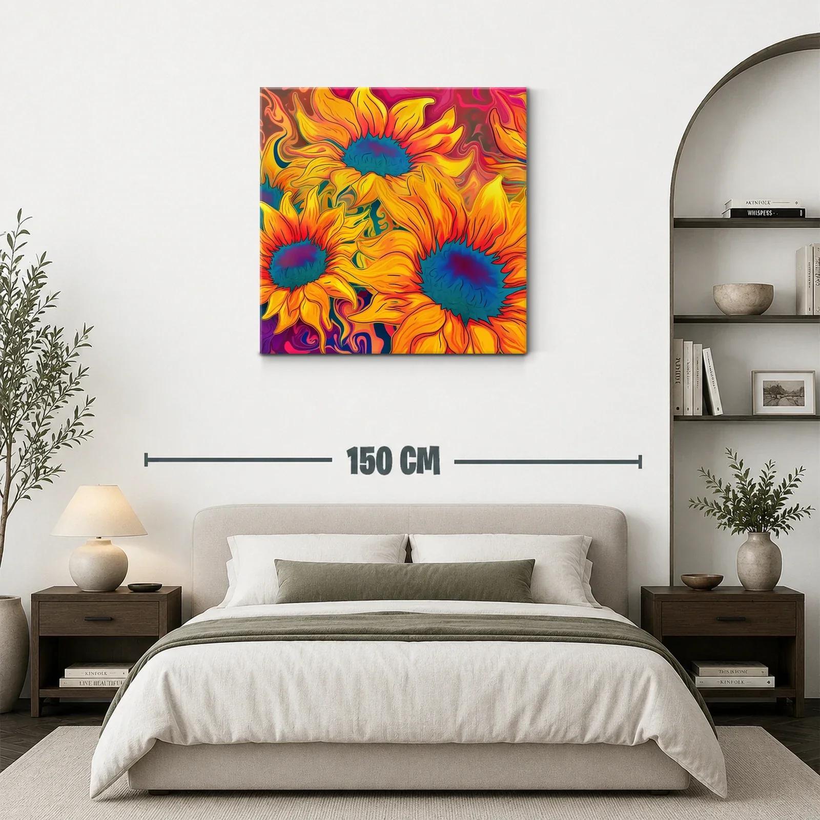 Cuadro vibrante con girasoles en tonos cálidos y contrastes azules — miniatura 3