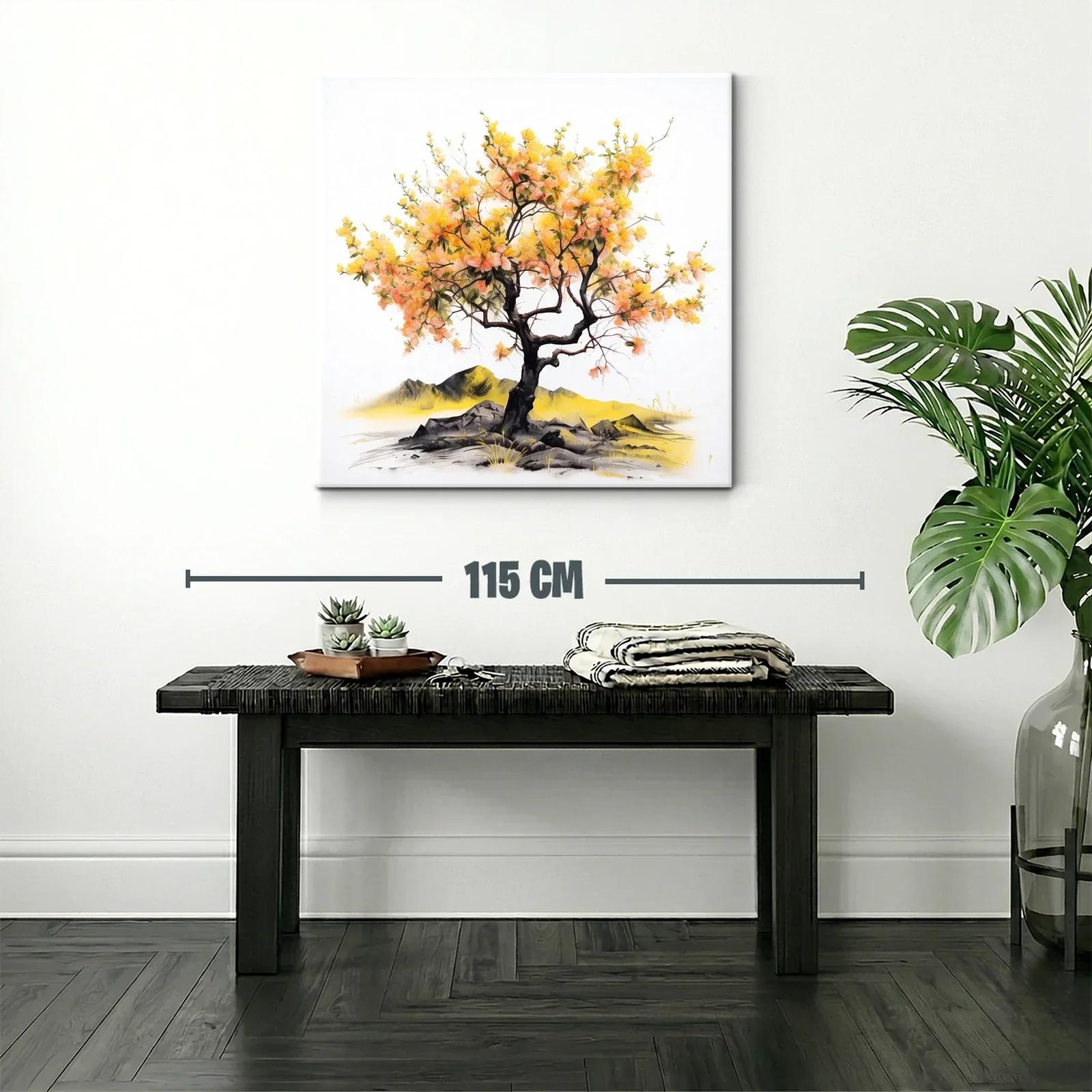 Arbol con flores amarillas y naranjas sobre rocas y paisaje — miniatura 2