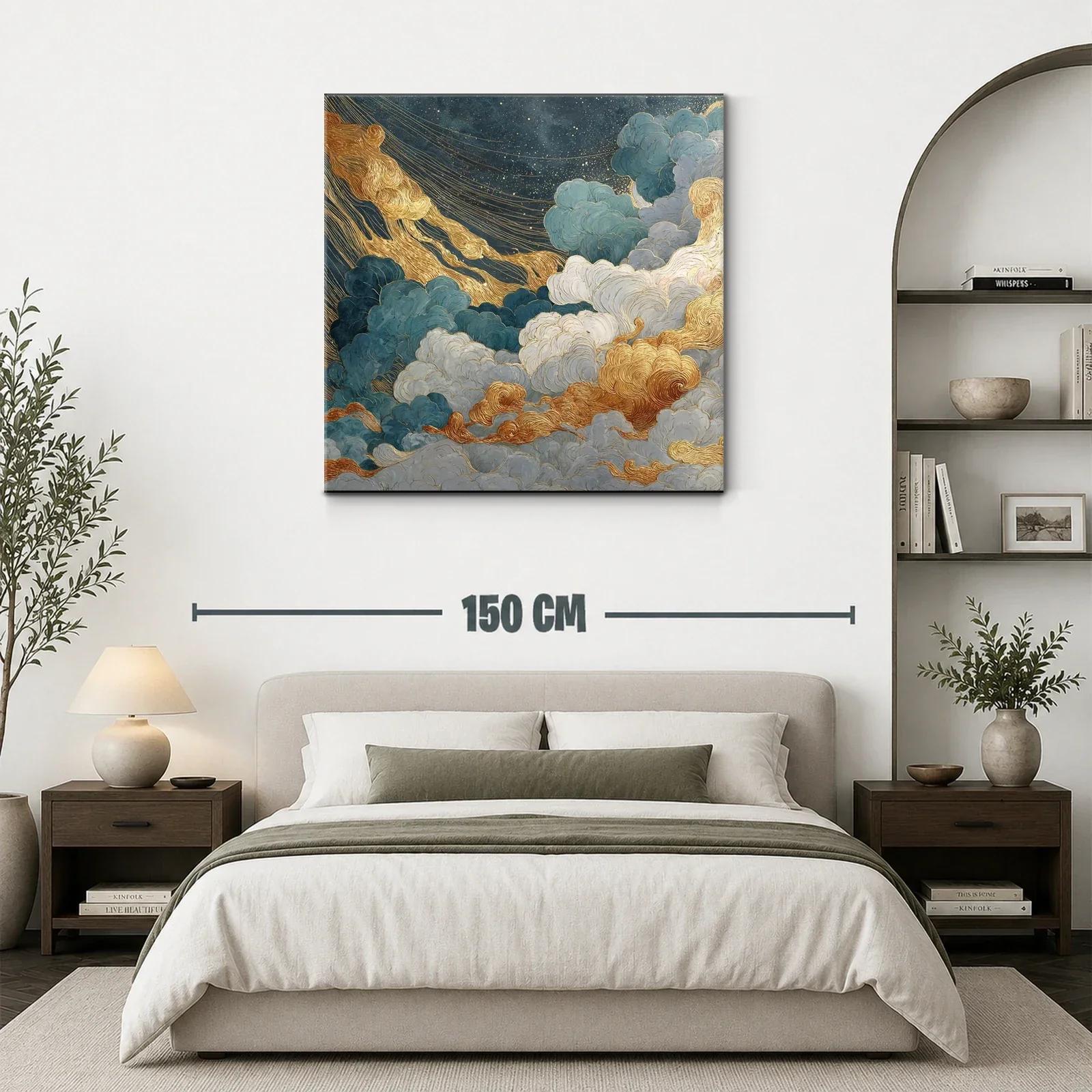 Cuadro abstracto de nubes doradas y azules con estrellas — miniatura 3