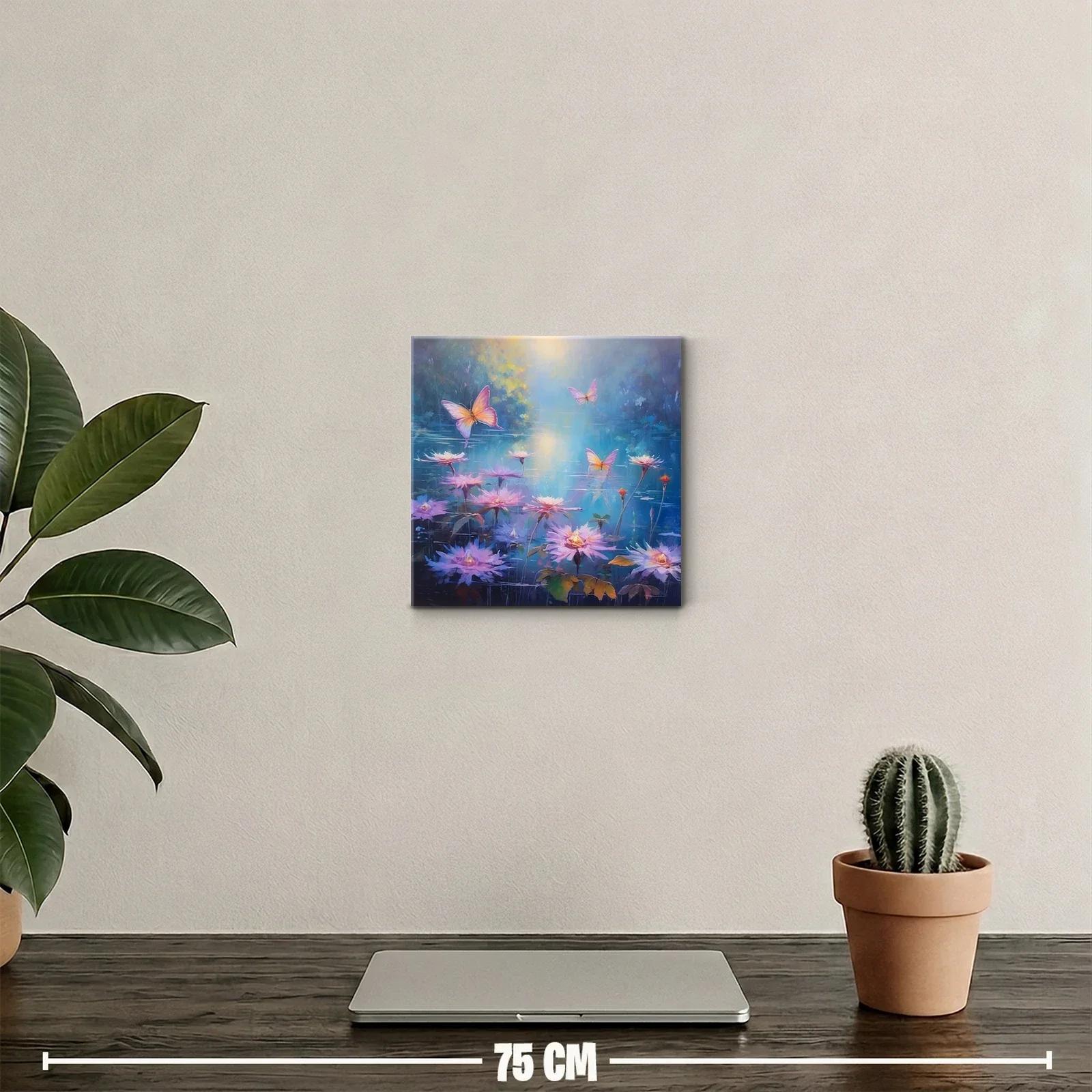 Cuadro con mariposas rosas sobre flores en calma acuática — miniatura 2