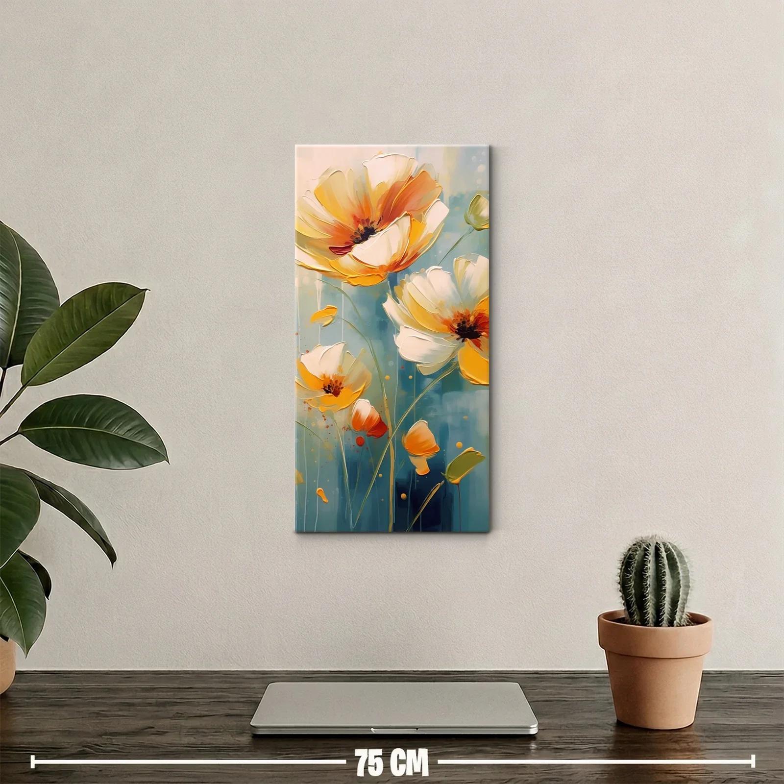 Cuadro amapolas blanco y naranja con fondo azul verdoso — miniatura 2