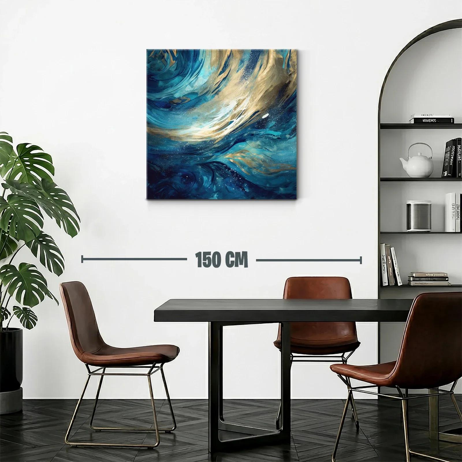 Cuadro abstracto con ondas dinámicas en tonos azul y dorado — miniatura 2