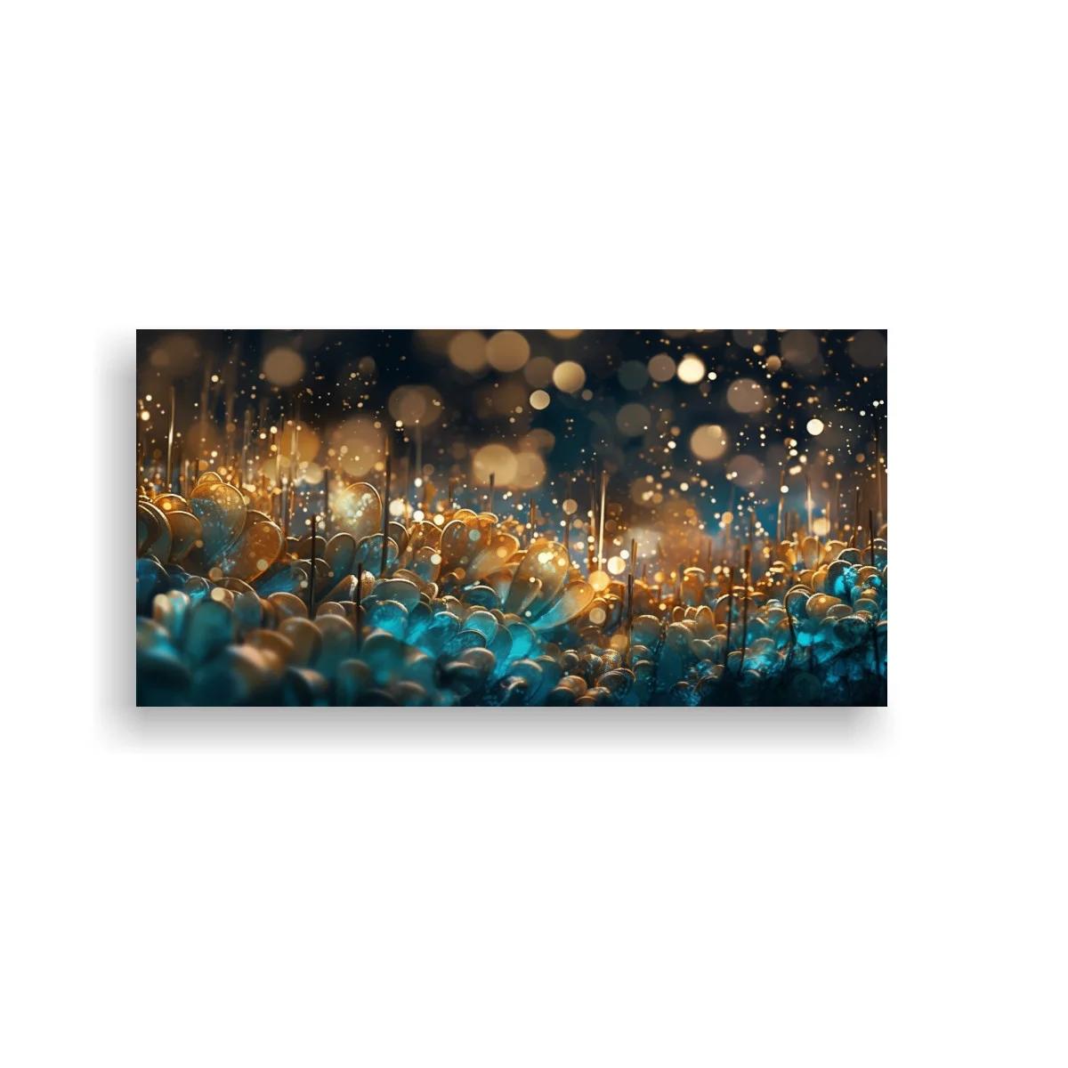 Cuadro campo de flores azules con fondo oscuro y luces desenfocadas — imagen principal