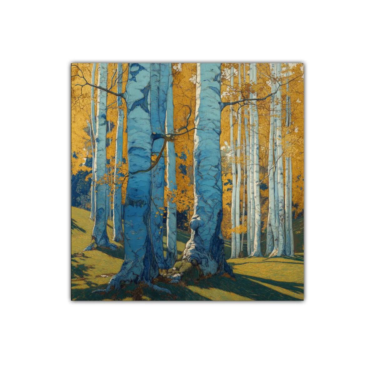 Bosque de abedules bajo luz dorada y sombras azules — miniatura 1