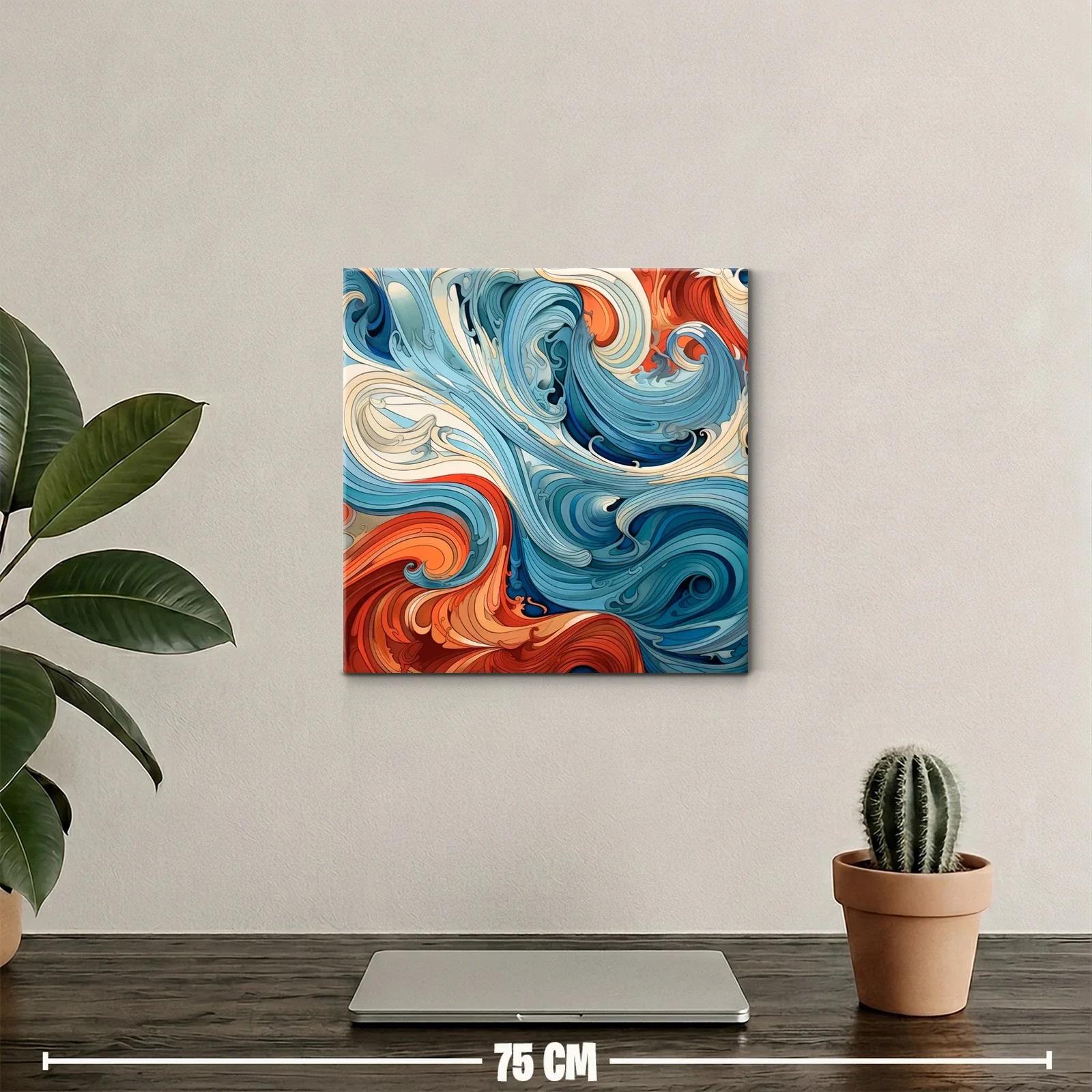 Cuadro abstracto con dinámicas formas ondulantes en tonos cálidos y fríos — miniatura 2