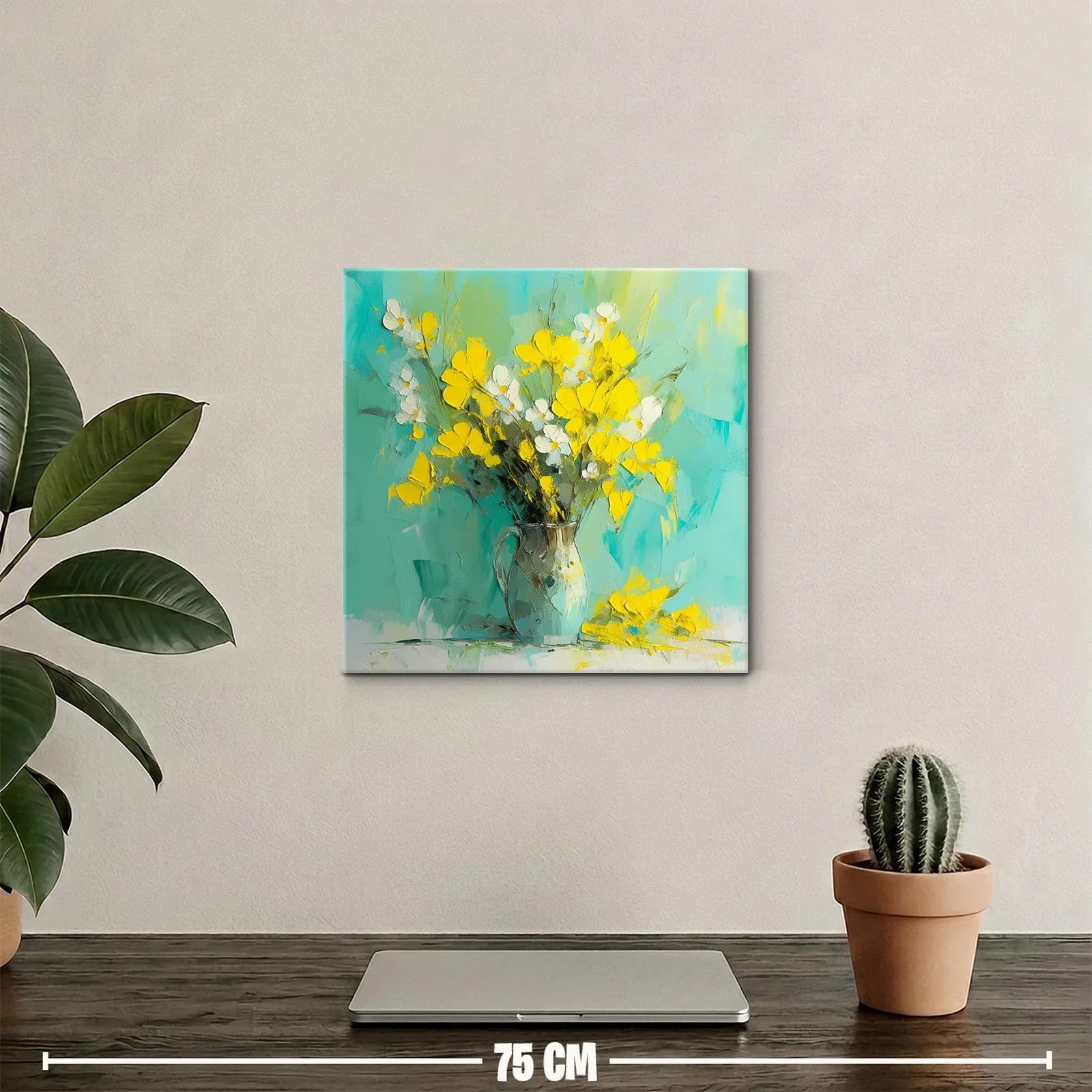 Cuadro flores amarillas sobre fondo turquesa vibrante — miniatura 2